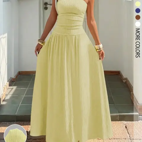 Women's New Cream Yellow Solid Textured Knit Ruched Chic Evening Formal Dress for Summer Elegant Fashion Dress