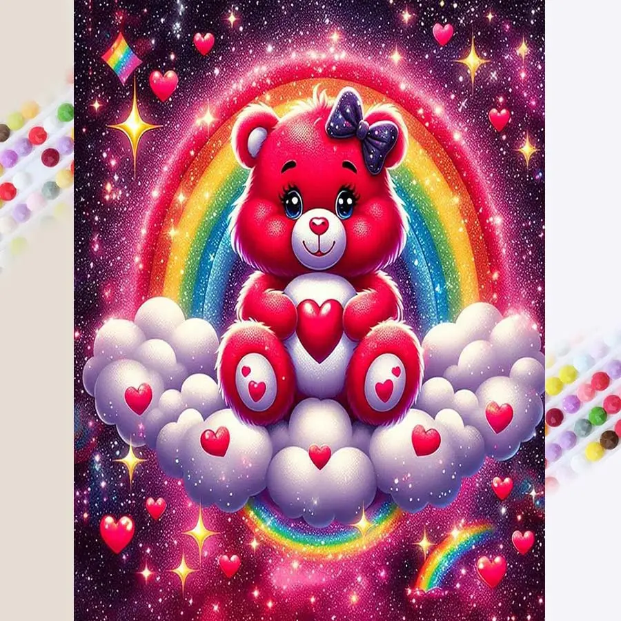 1Pcs, 5D-DIY Diamond Painting Kit, Diamond Art, Teddy Bear, Rainbow, Heart Mosaic Art, Full Drill, Round Drill, Diamond Art Set, Decorative Painting, Perfect for Home Decoration and Creative Gifts