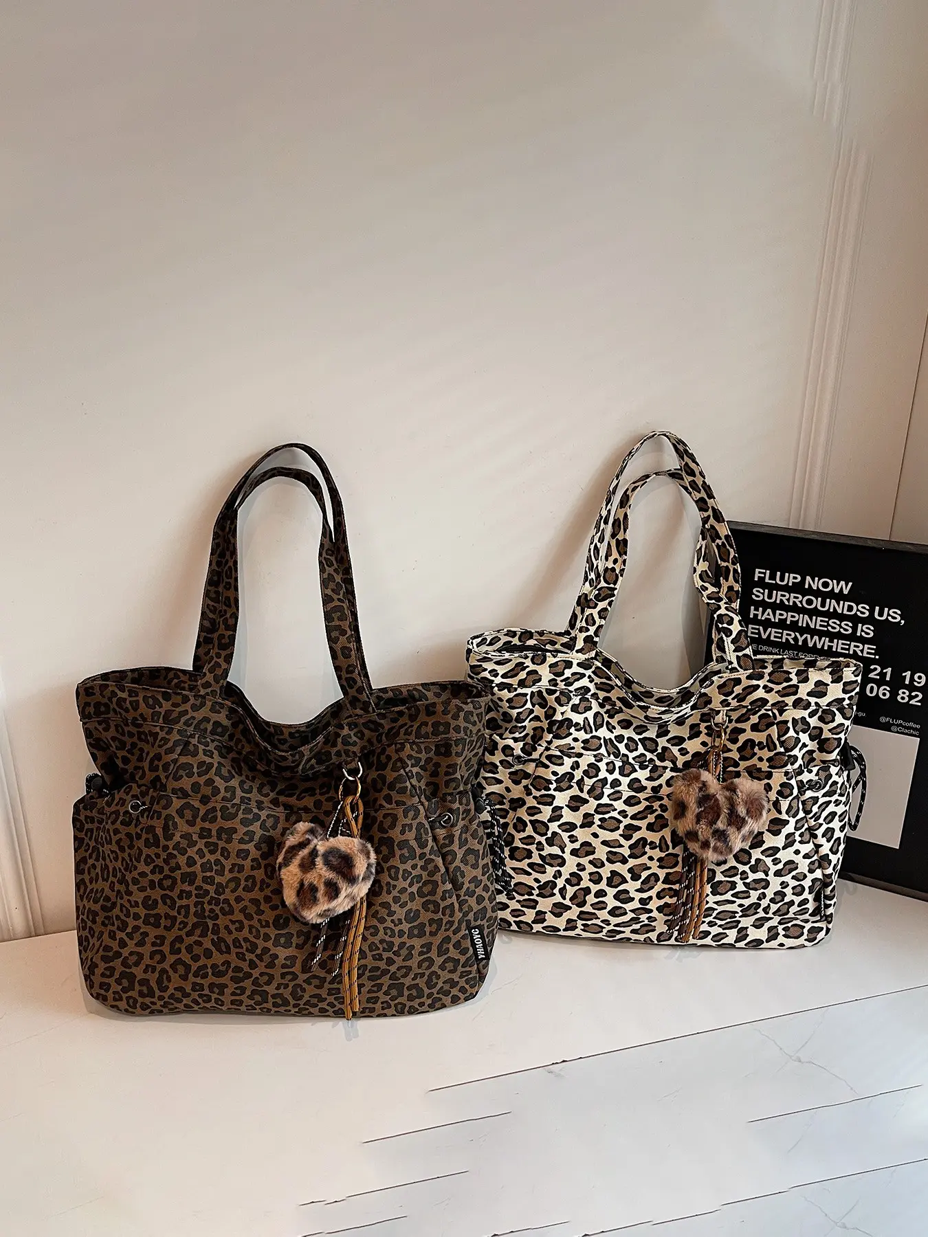 1pc Vintage Dark Brown Leopard Drawstring Large Tote Wide Webbing Dual Use Shoulder Handbag Layer Side Pocket Fur Ball Charm For Women Commute Shopping Carry Bag Casual Shoulder Tote