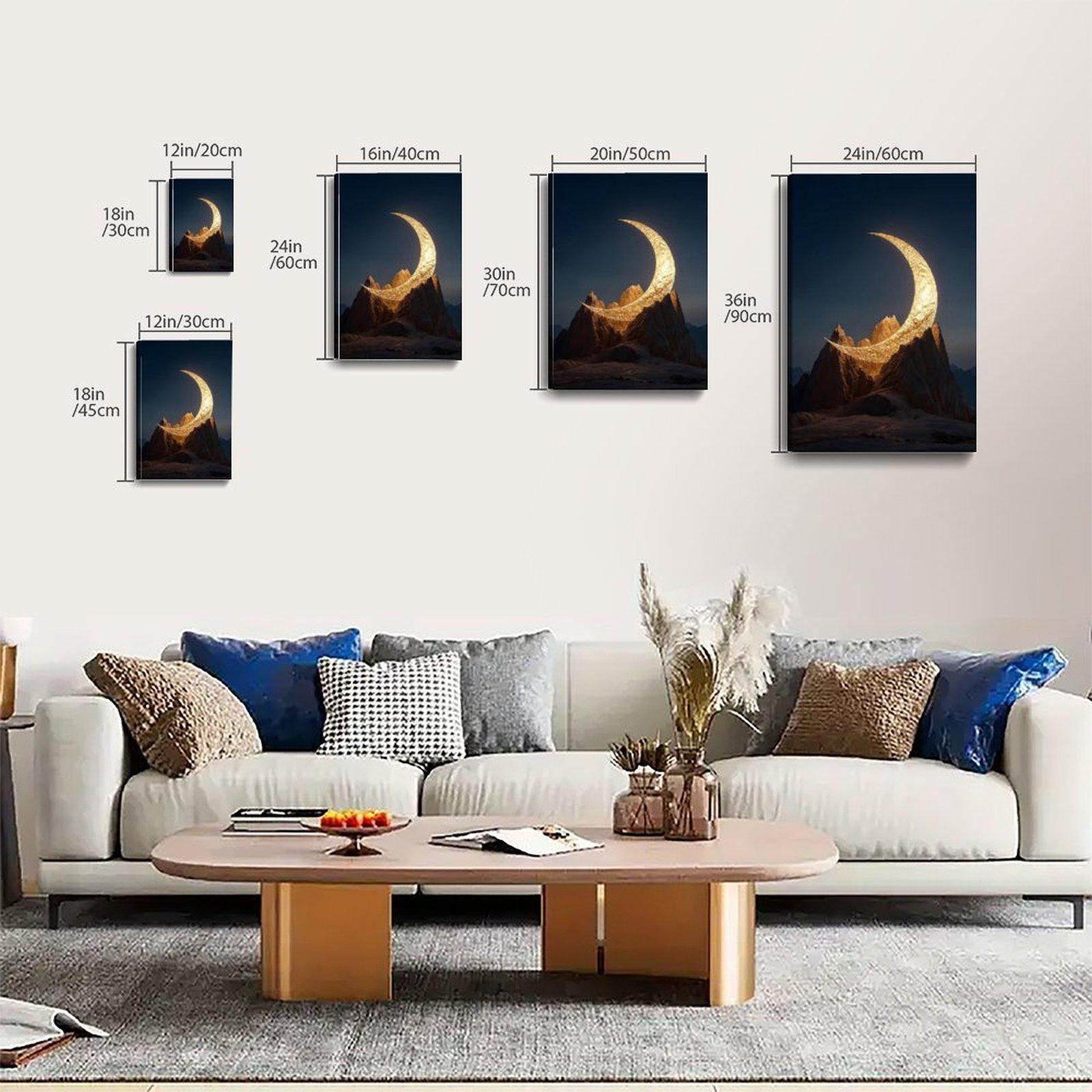 Golden Crescent Moon Over Mountains Artistic Wall Decor, Waterproof Canvas Poster, Cute And Vibrant Poster for Bathroom, Living Room, Bedroom, Dorm, A Perfect Gift Idea for New Year Home Decor