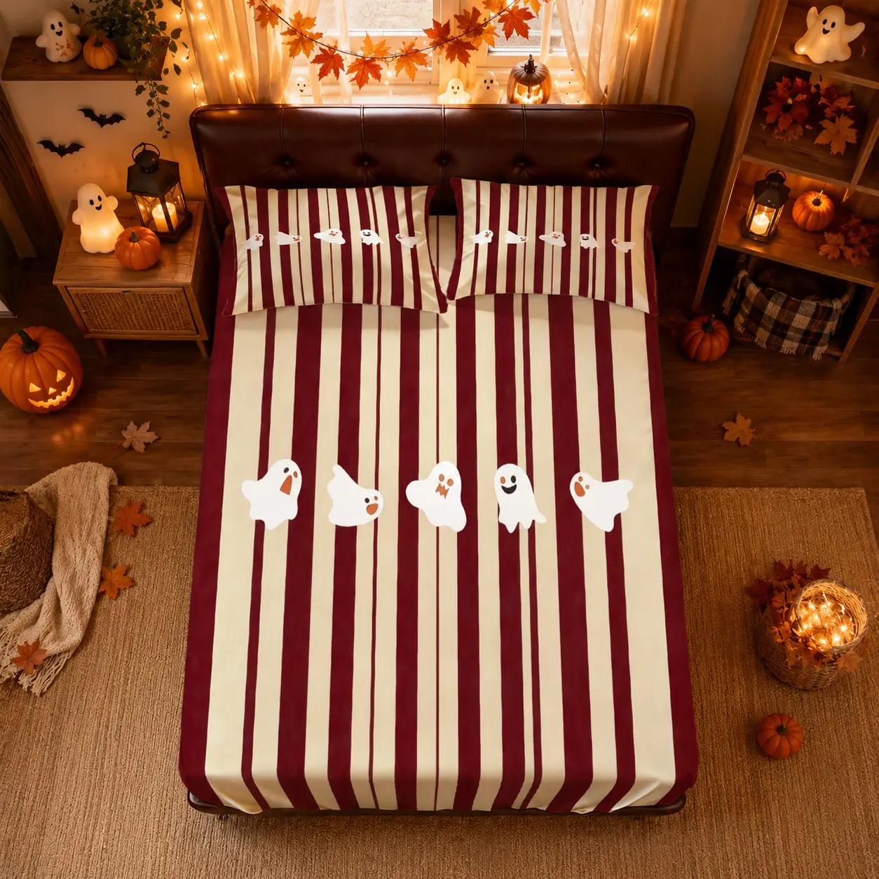 3 Pieces Halloween Fitted Sheet Set, Retro Burgundy Striped Cute Cartoon Ghost Digital Print Bed Sheet, 1 Fitted Sheet + 2 Pillowcases, No Pillow Inserts, Halloween Bedroom Decor, Perfect for Teens, Dorm and Family Home Bedrooms