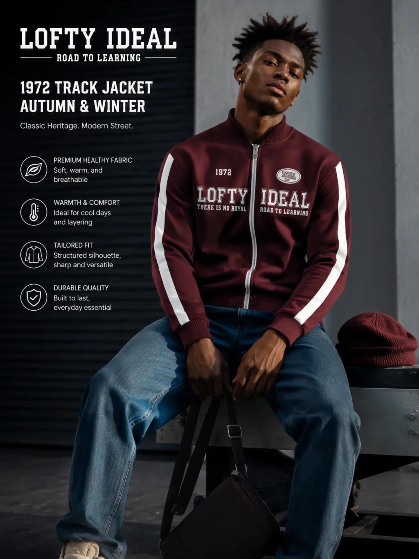 Men's Vintage School Team Letter Pattern Full Zip Baseball Jacket, Retro Burgundy Windproof Jacket, Casual Streetwear Fall Winter Outerwear