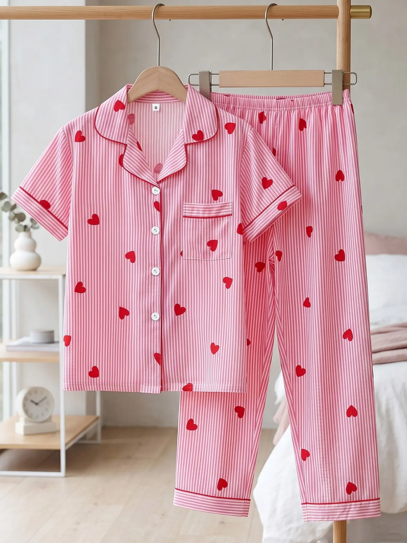 Women's Heart Print Short Sleeve Pajama, Casual Comfy Striped Print Lapel Neck Pocket Shirt & Pants PJ Set, Ladies Sleepwear for All Seasons, Loungewear, Fit