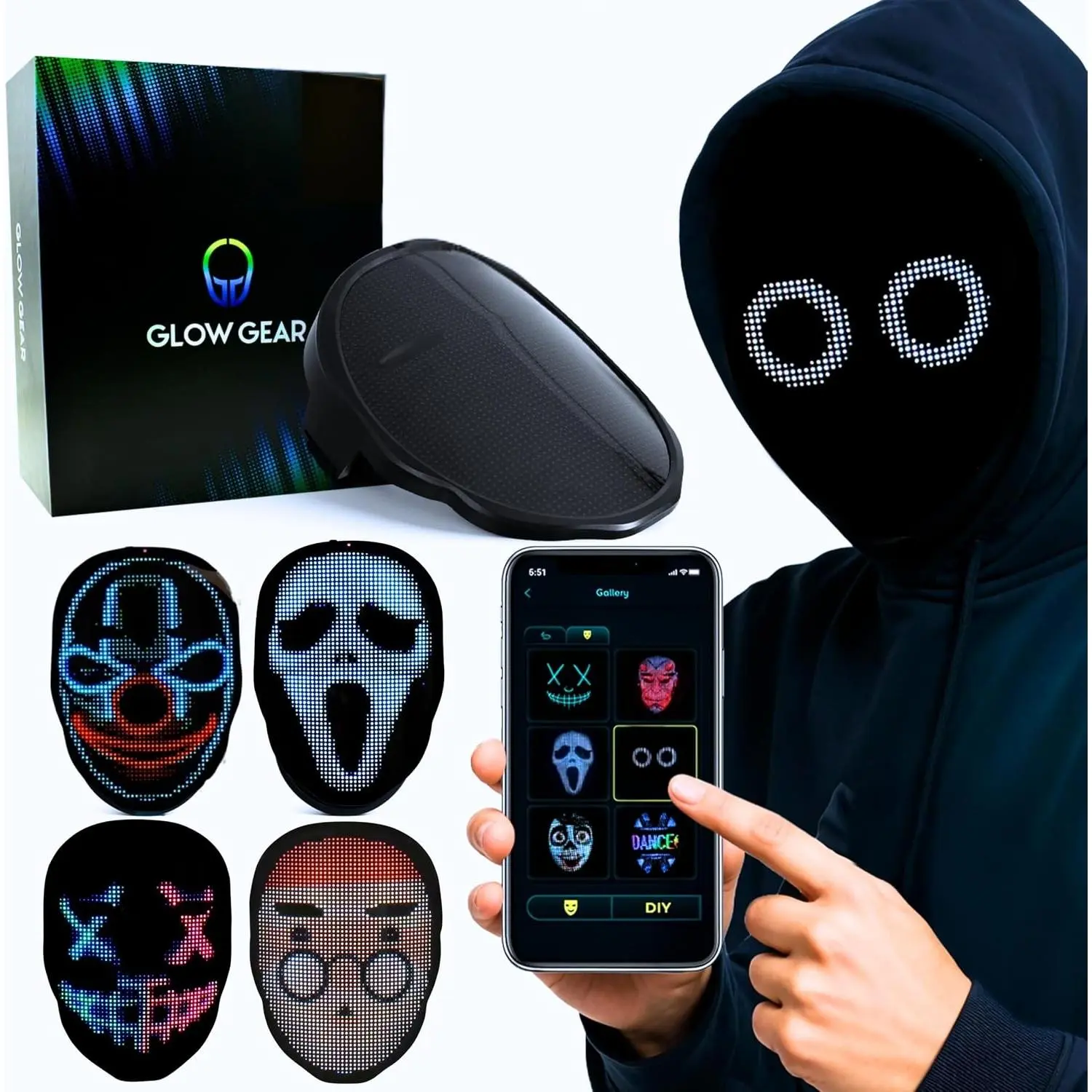 Face Transforming LED Mask App-Controlled Light Up Cosplay Mask with 115+ Animated Faces, Customizable LED Patterns for Rave, Festival, Halloween, DJ Accessory