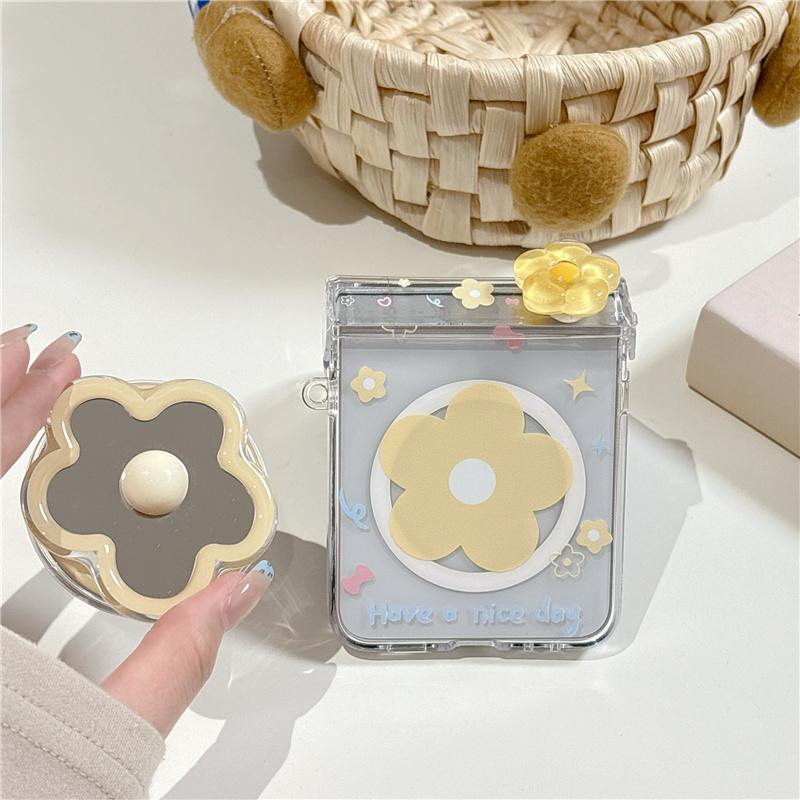 Cute Small Flower Magnetic Phone Case For Samsung Galaxy Z Flip 7 6 5 Flip6 Flip7 Cover with Magsafe Stand Lanyard Cases Funda