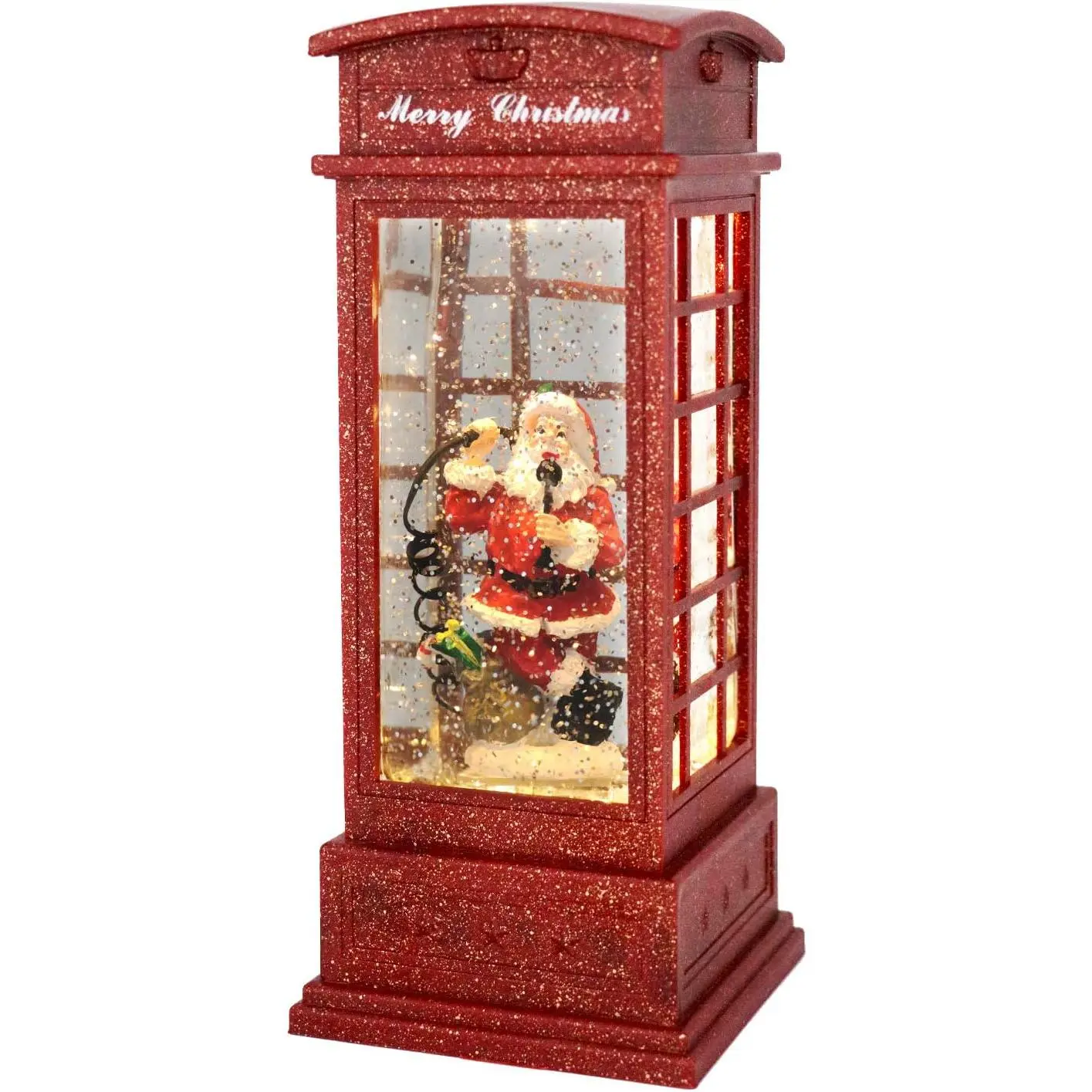 Snow Globe with Timer, Battery Operated Telephone Booth Snow Globes Spinning Water and Swirling Glitter (Santa)