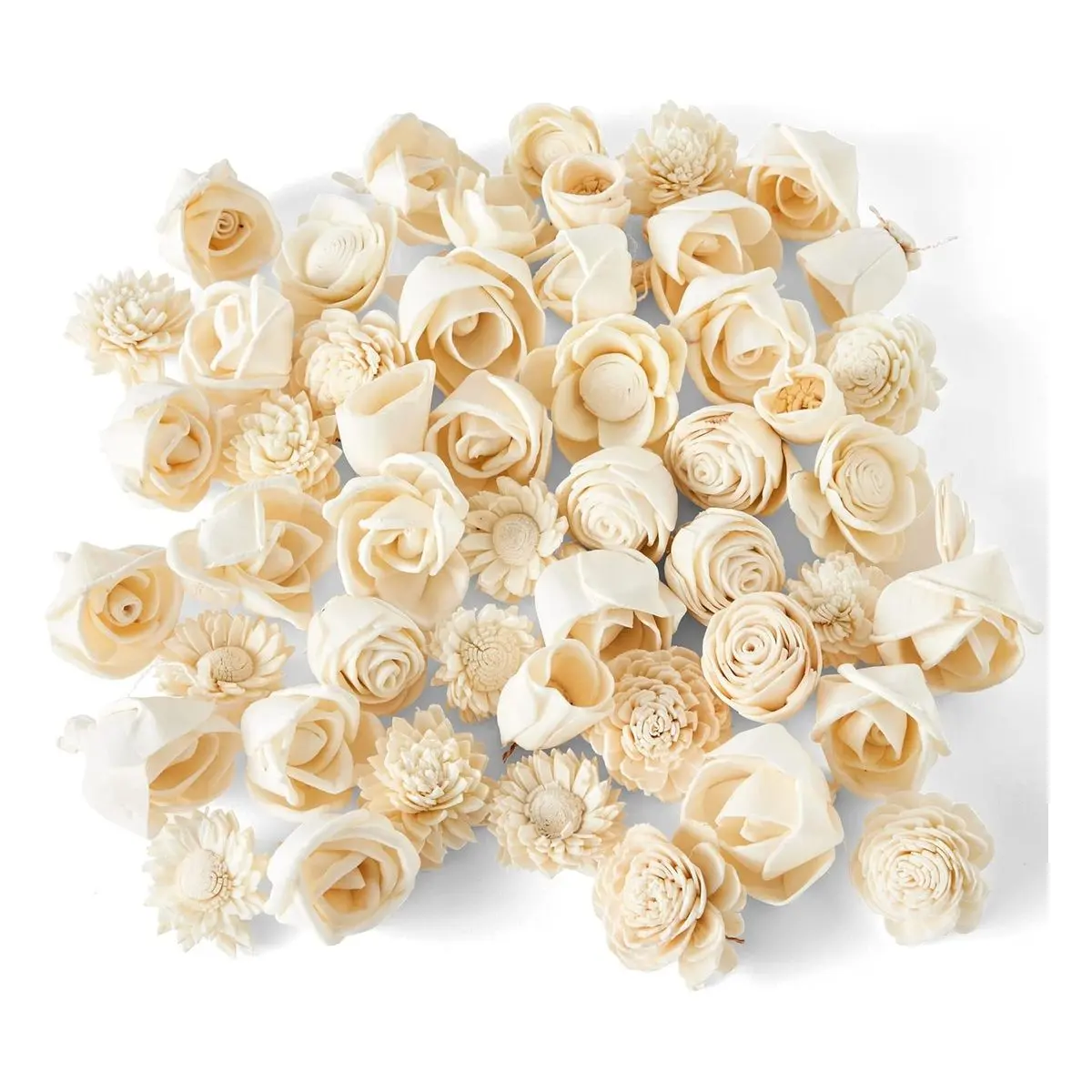 Decorative Mini Sola Wood Flower Assortment - 50 Pieces, Craft Flowers for DIY Home Decor Supplies