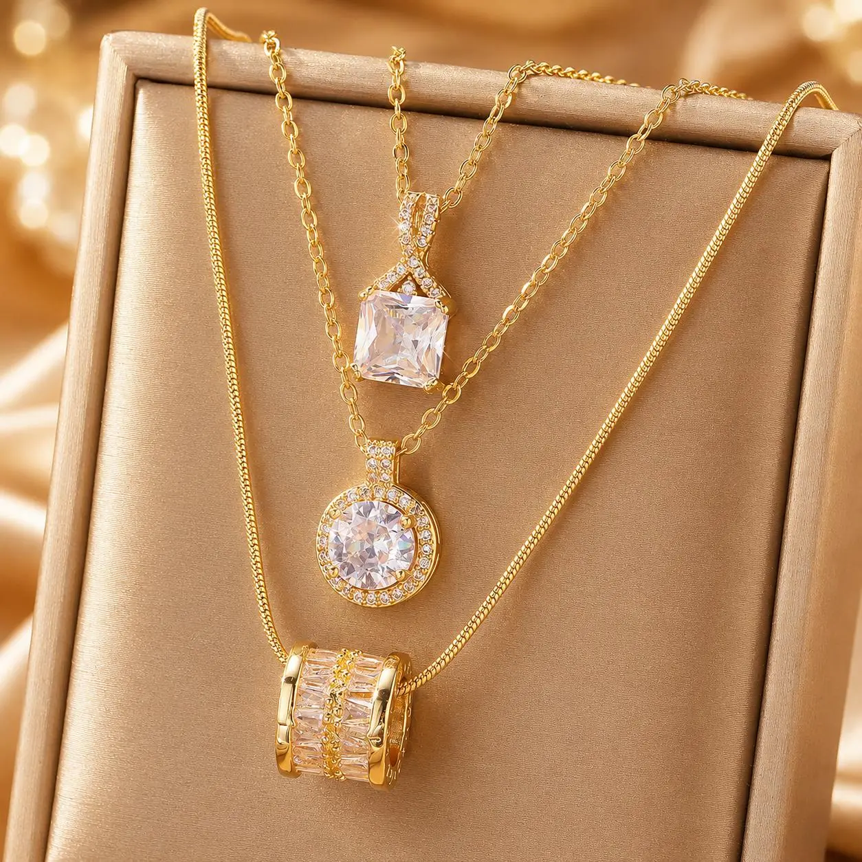 Costume Jewelry Necklace Bundle, Fashion Accessory Set for Daily Wear 3-Piece Pendant Necklace Set for Women, Trendy Dainty Layered and Stackable Jewelry Bundle, Square Round and Barrel Charm Statement Necklaces  Party and Gifts Best Sellers