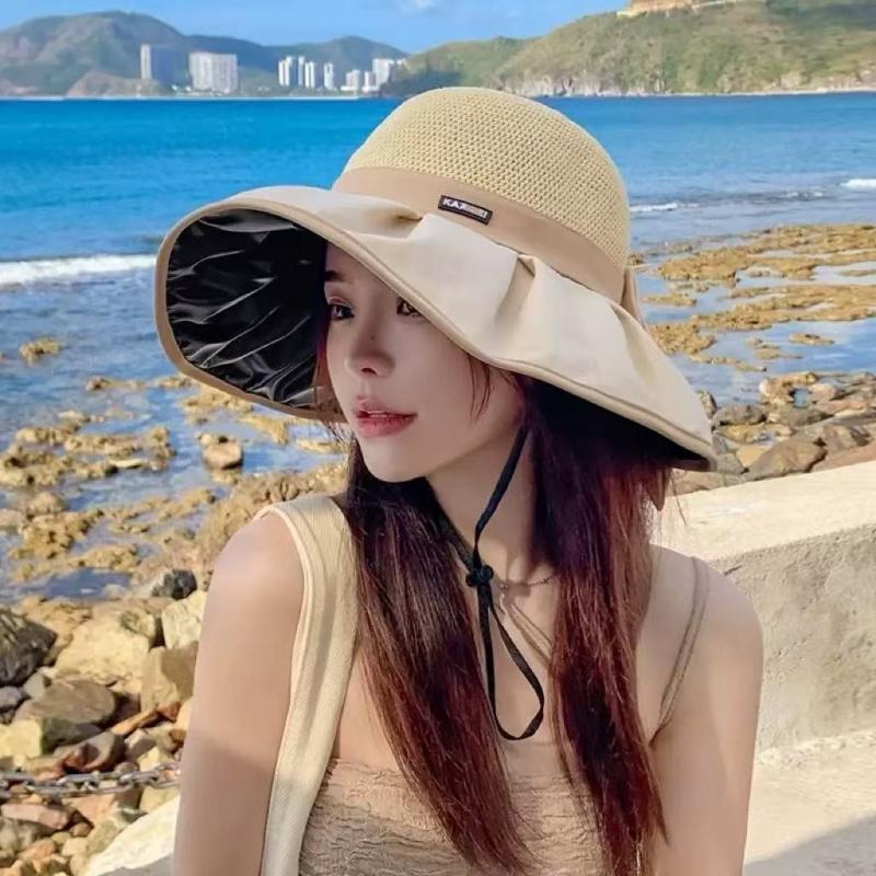 Women's UPF50+ Sun Protection Hat, Wide-Brim Foldable UV-Protective Beach Hat with Bow, Summer Travel Vacation Sun Hat