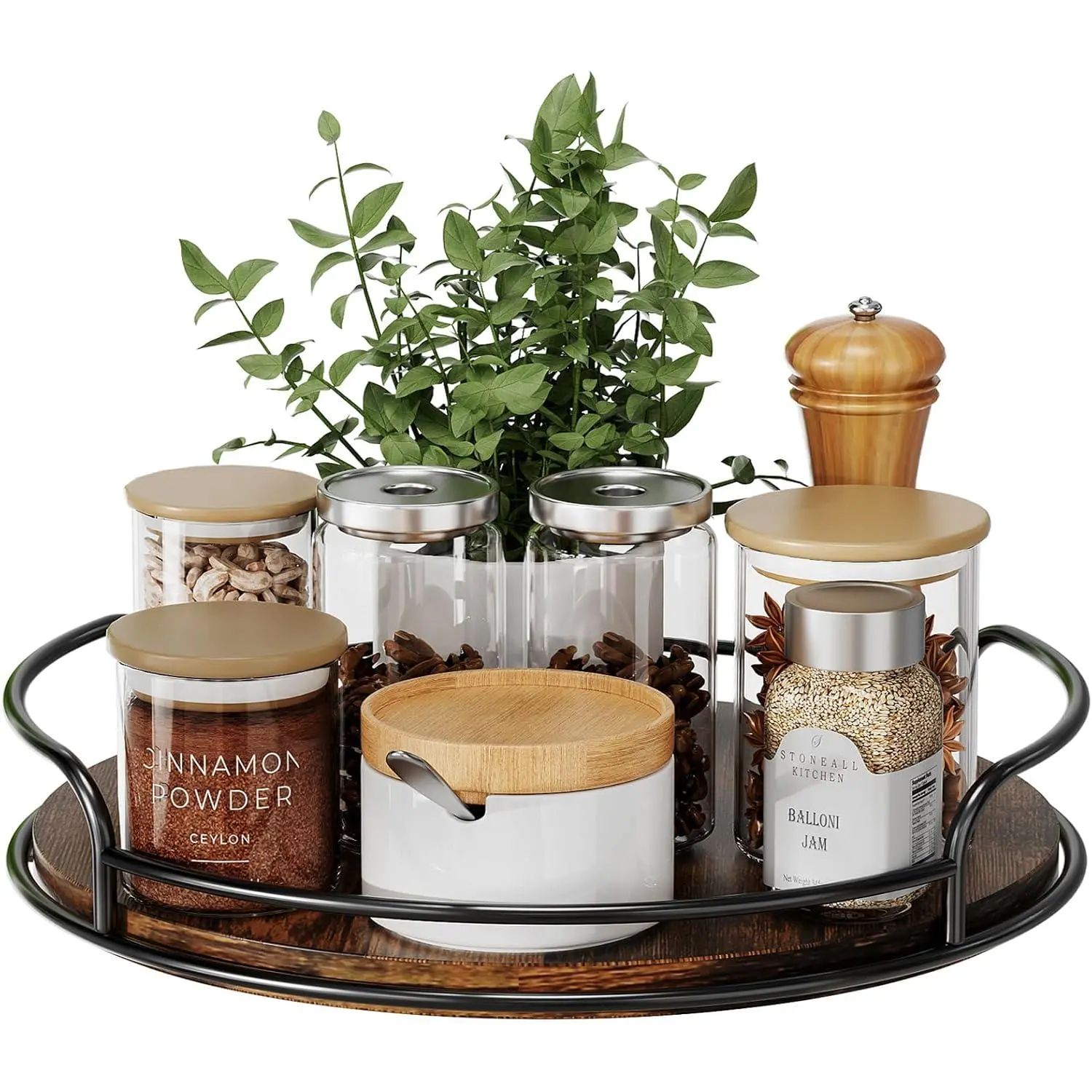 Wooden Lazy Susan Organizer with Wooden Base - 9-in Turntable Spin for Kitchen Cabinet Storage, Countertop & Pantry Spice Organization, 1 Pack, 1 Pack Box