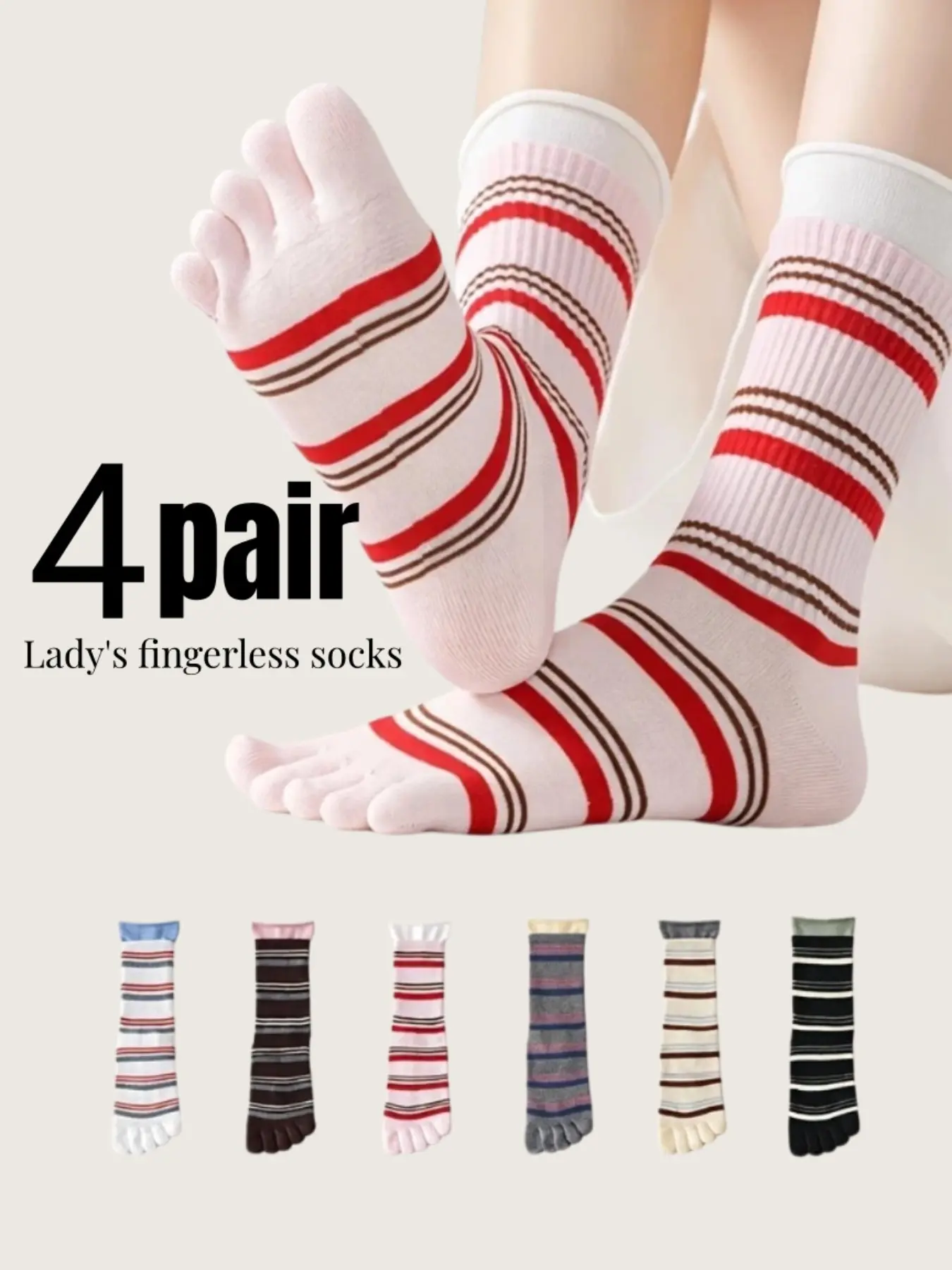 4 Pairs New Women's Striped Five-Toe Socks, Sporty Colorblock Toe Separators, Sweat-Wicking Crew Socks, Long Calf Socks for Girls