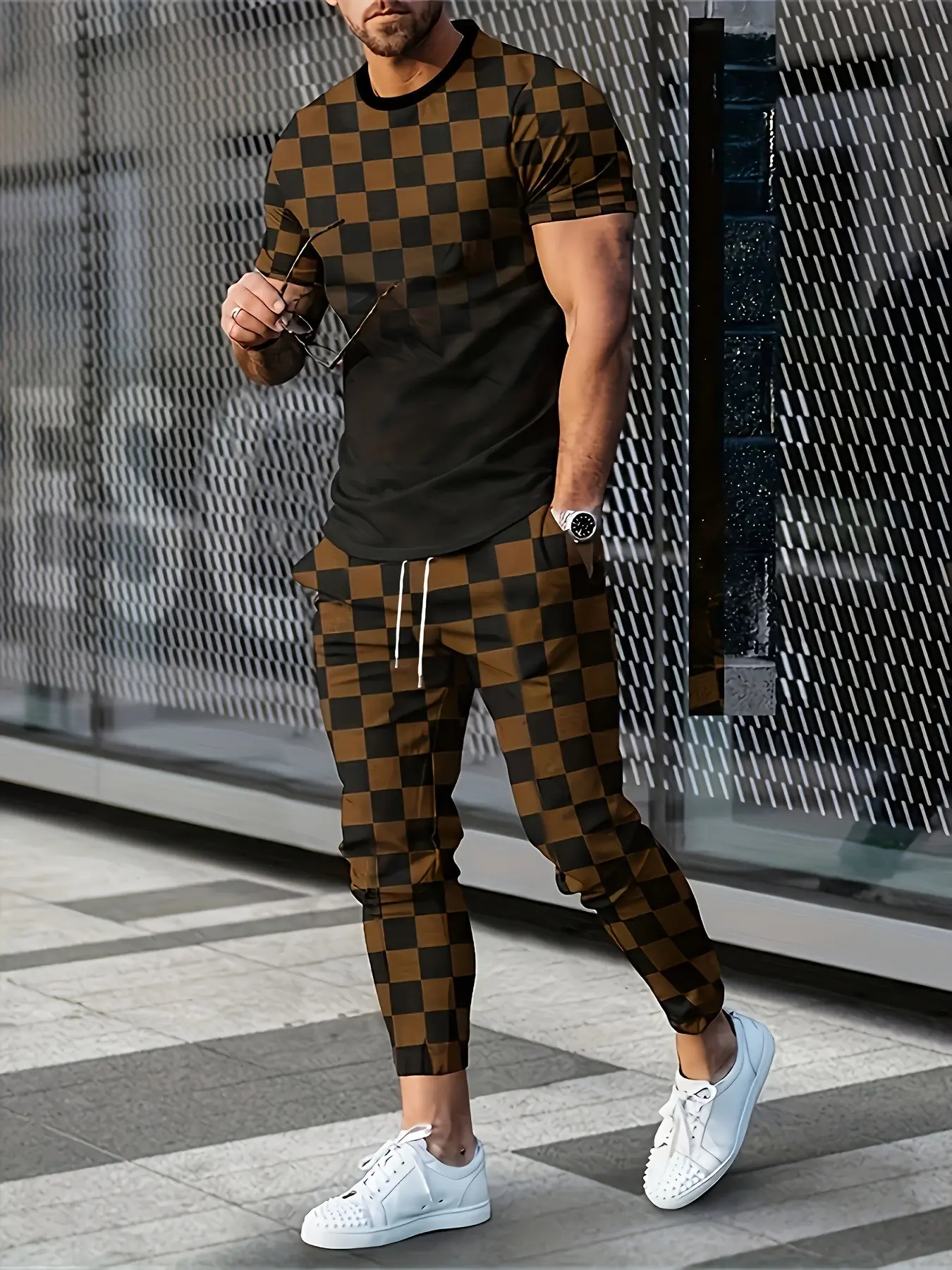 Men's short sleeved top and long pants two-piece outfit, full checked printed pattern daily commuting casual menswear suit