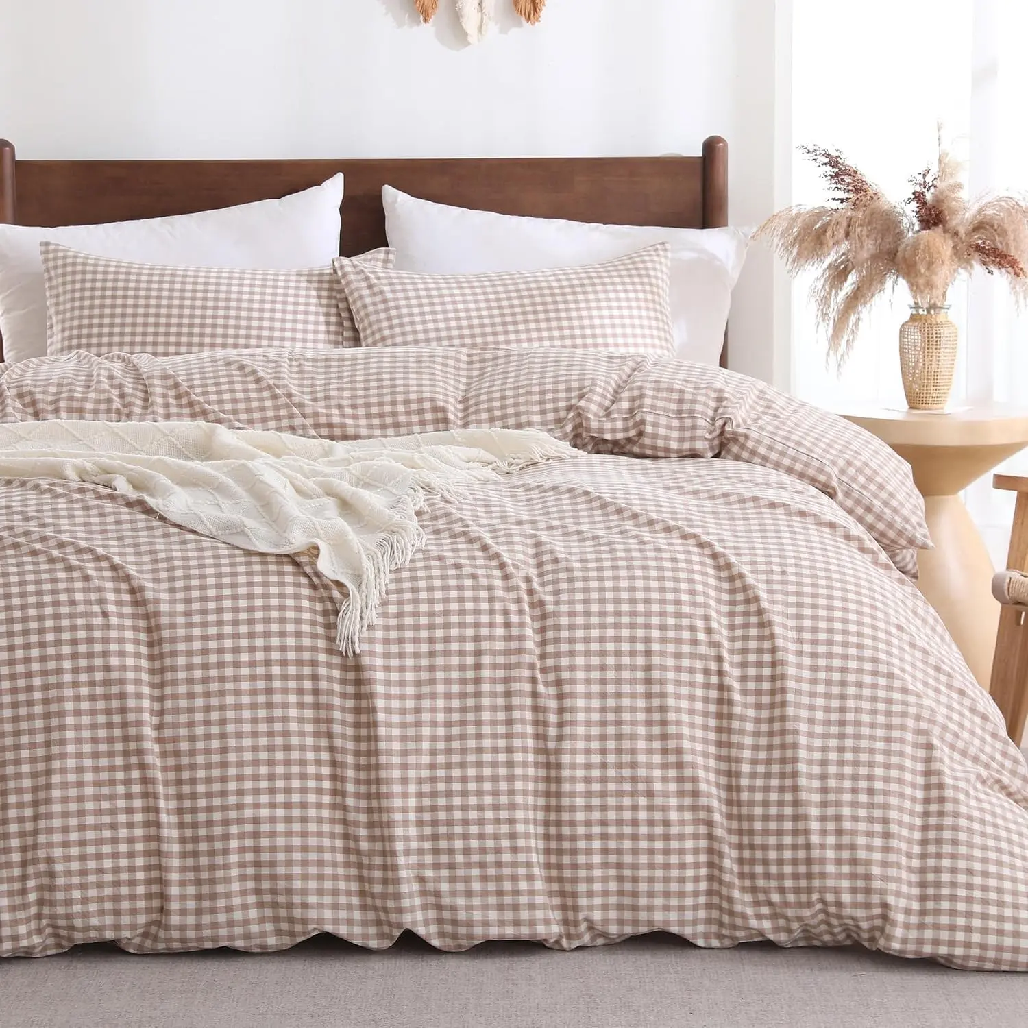 Cotton Brown Gingham Duvet Cover Bedding Set Linen Like, King | 100% Washed Cotton Linen-Like Texture Ultra Soft Comfort Breathable, Fall Farmhouse Decor, Zipper & 8 Ties, 3Pcs No Insert