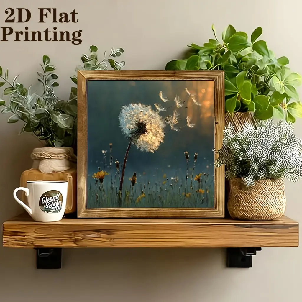 2D Flat, 1pc Farmhouse Rustic Dandelion Wall Art Picture Frame - Wood Framed Suitable for Home, Living Room, Bedroom, Kitchen Decor - Country Style Indoor/Outdoor Decoration with Dandelion Picture for Housewarming Gift, Retro Farmhouse Style, 2D Flat