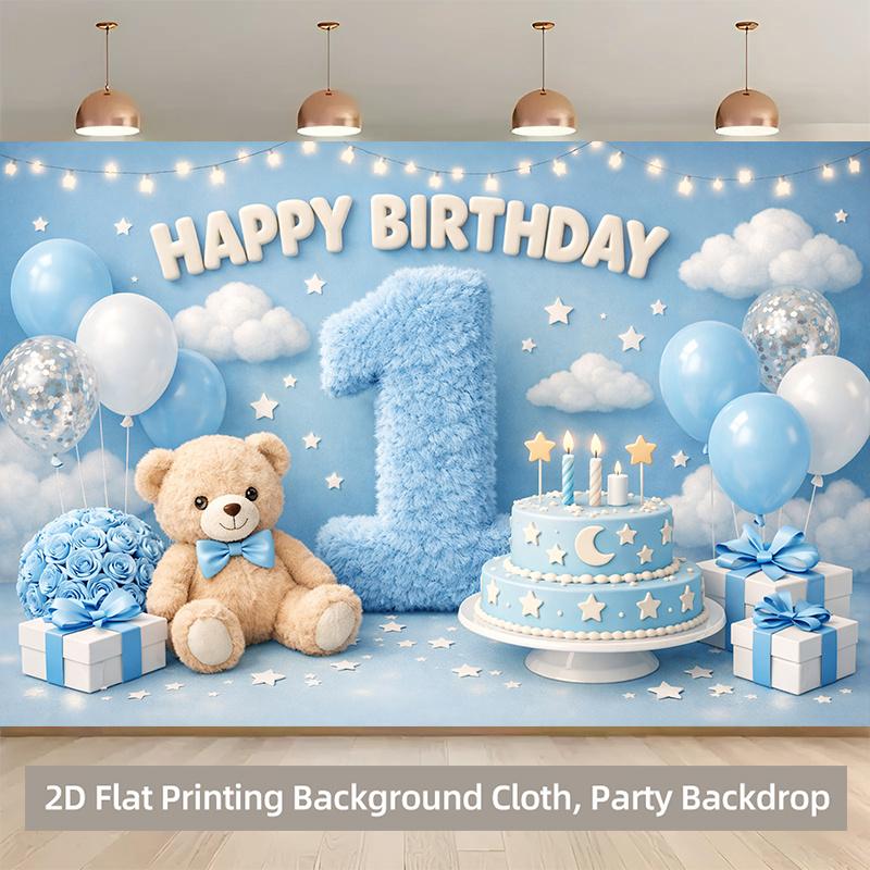 Blue 1st Birthday Party Backdrop Banner, Teddy Bear Theme, Polyester Material, Indoor Outdoor Decor, Stage Room Decoration, Holiday Party Supplies