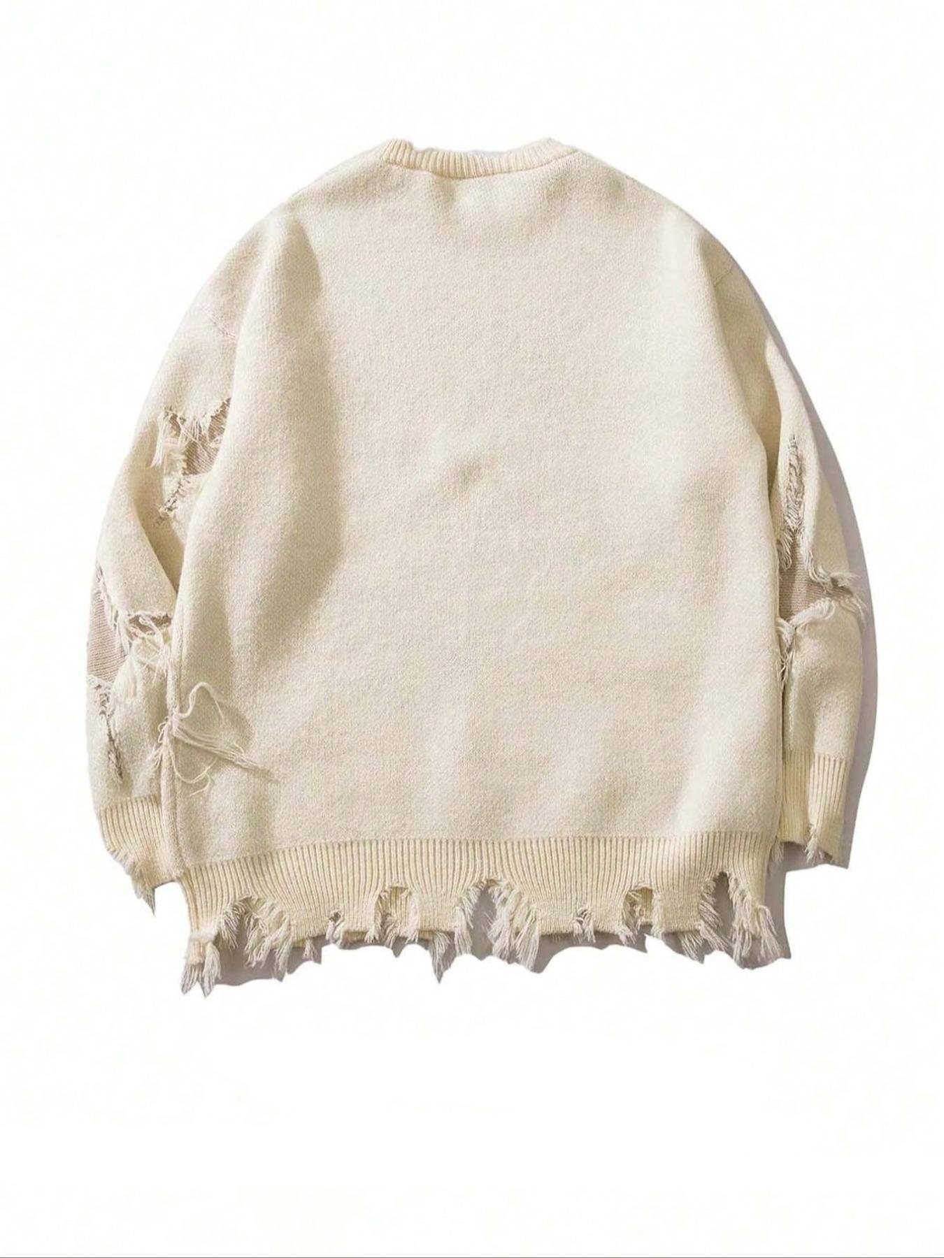 Men's Ripped Drop Shoulder Sweater Pullover, Loose Casual Street Soft Comfy Long Sleeve Round Neck Jumper for Fall, Fashion Men's Knitwear for Daily Wear