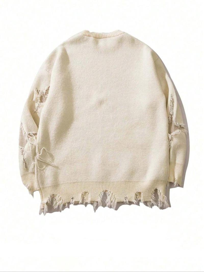 Men's Ripped Drop Shoulder Sweater Pullover, Loose Casual Street Soft Comfy Long Sleeve Round Neck Jumper for Fall, Fashion Men's Knitwear for Daily Wear