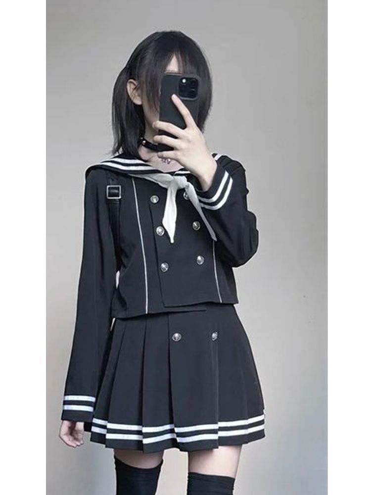 New Japanese Preppy Style Sweet JK 2 Piece Set Women Sailor Collar Y2k Tops +Mini Pleated Skirt Fashion Subculture Retro Outfits