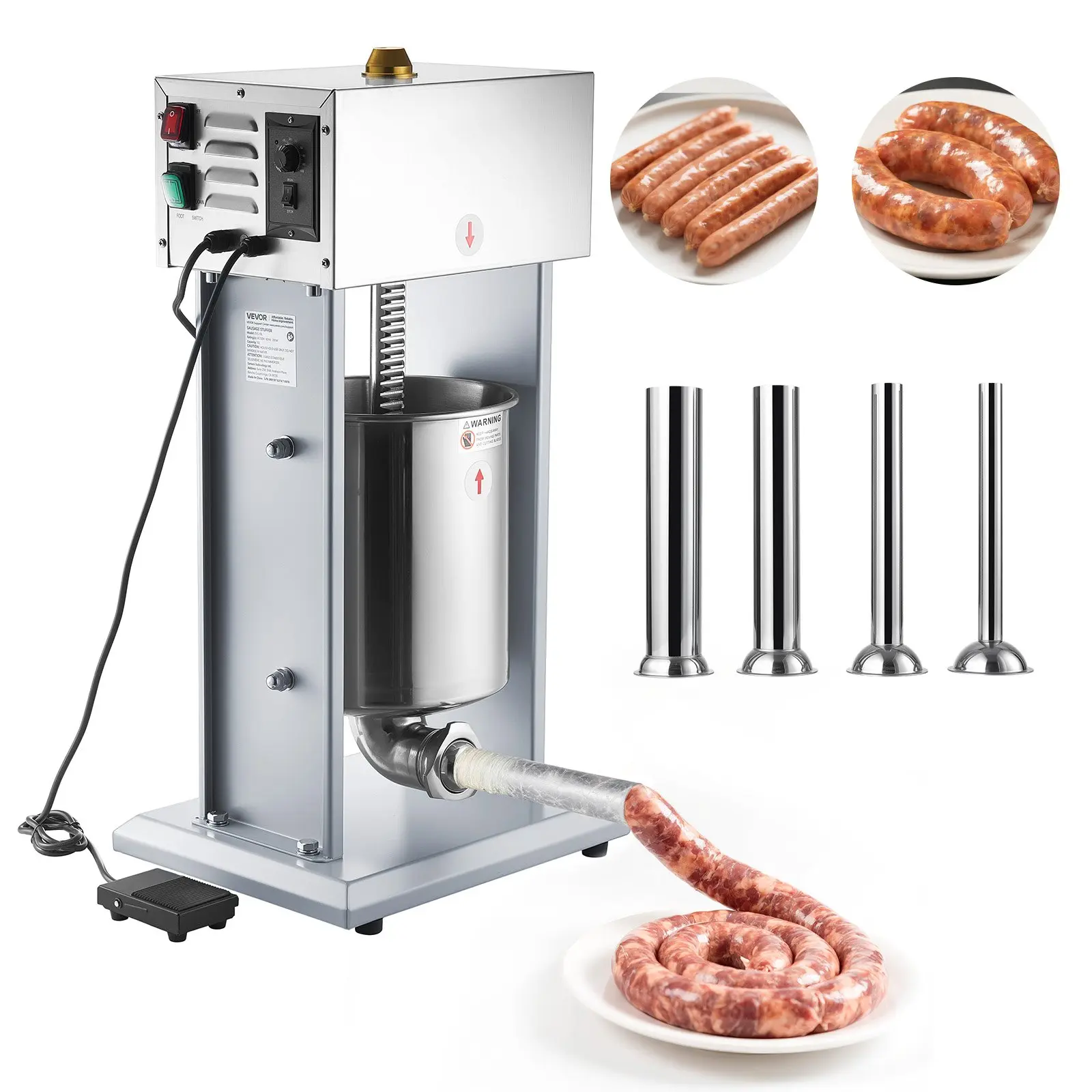 VEVOR Electric Sausage Stuffer, 22 LBS/ 10 L Vertical Meat Filler with Stepless Speed Adjustment, Stainless Steel Sausage Stuffing Machine, Foot Pedal 4 Filling Tubes, for Commercial and Home Use