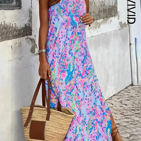 Women's All Over Print Backless Split Tank Dress, Boho Fashion Dress Sleeveless Round Neck Long Dress for Beach Holiday Vacation, Ladies Summer Clothes