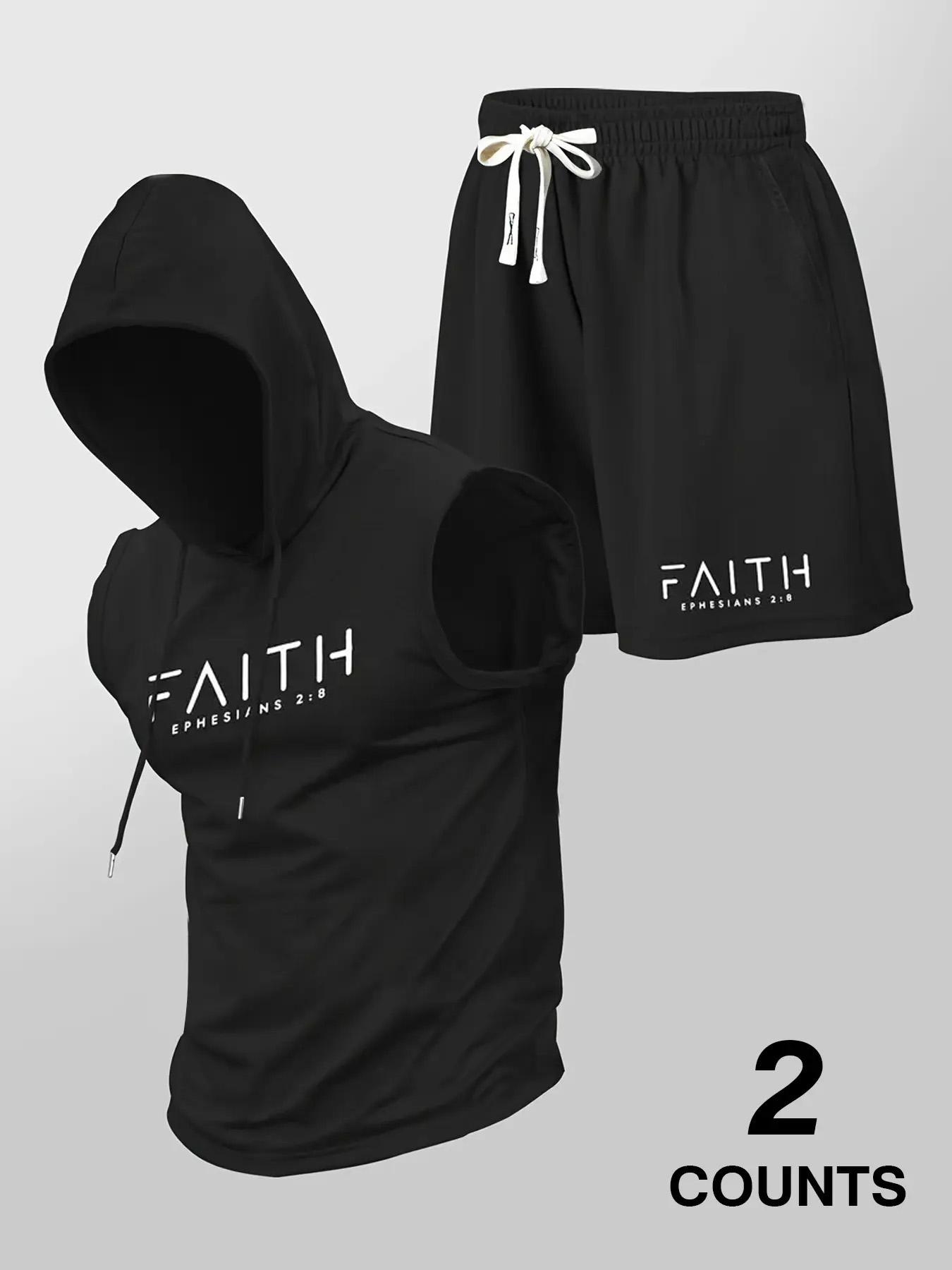 Two-Piece Set Men's Hooded Vest & Shorts, Regular Fit Sleeveless Top & Shorts, Casual Summer Outfits Clothes Set for Men