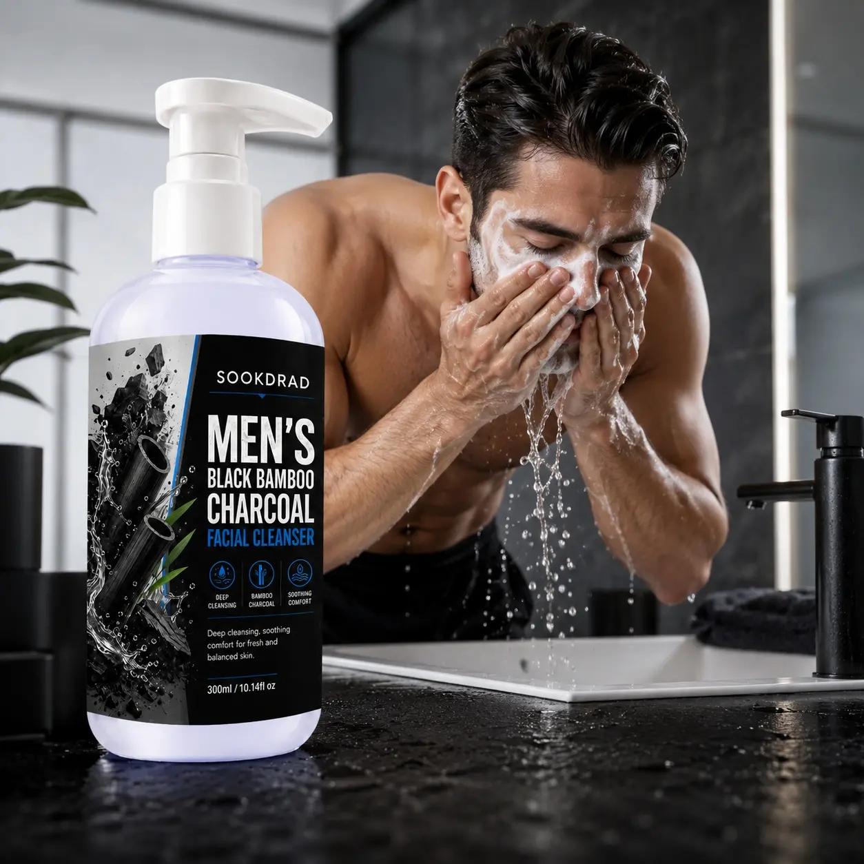 Men's Black Bamboo Charcoal Facial Cleanser, bamboo charcoal, deep cleansing, soothing comfort, facial, men, fresh and balanced skin, Face Care, 300ml/10.14fl oz