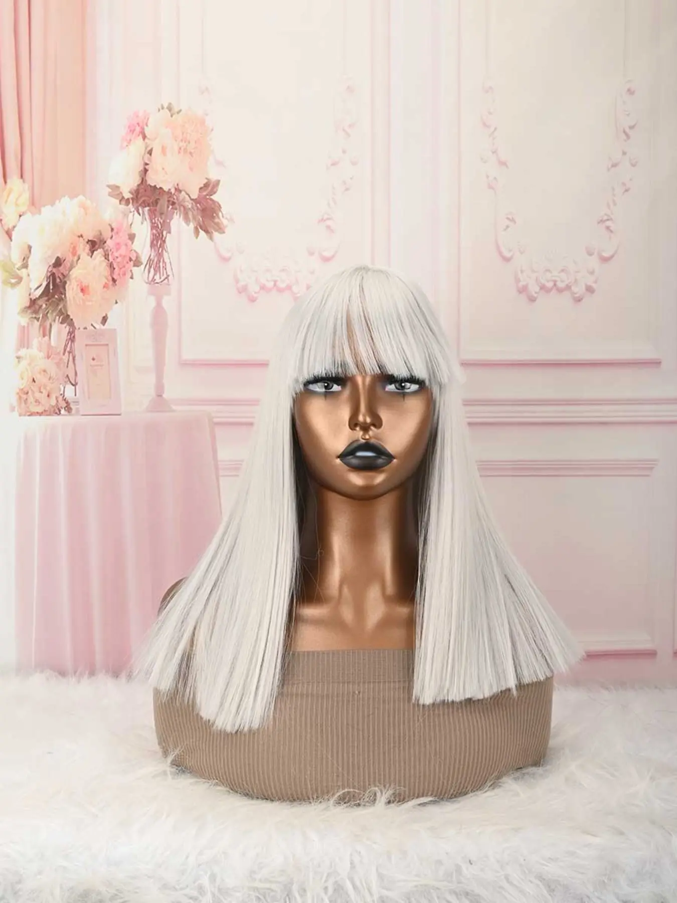 Grey Bob Wig with Bangs, Short Orange Wig for Women Straight Bob Wigs Heat Resistant Synthetic wig Mia Wallace Cleopatra Cospaly Daily Party Use