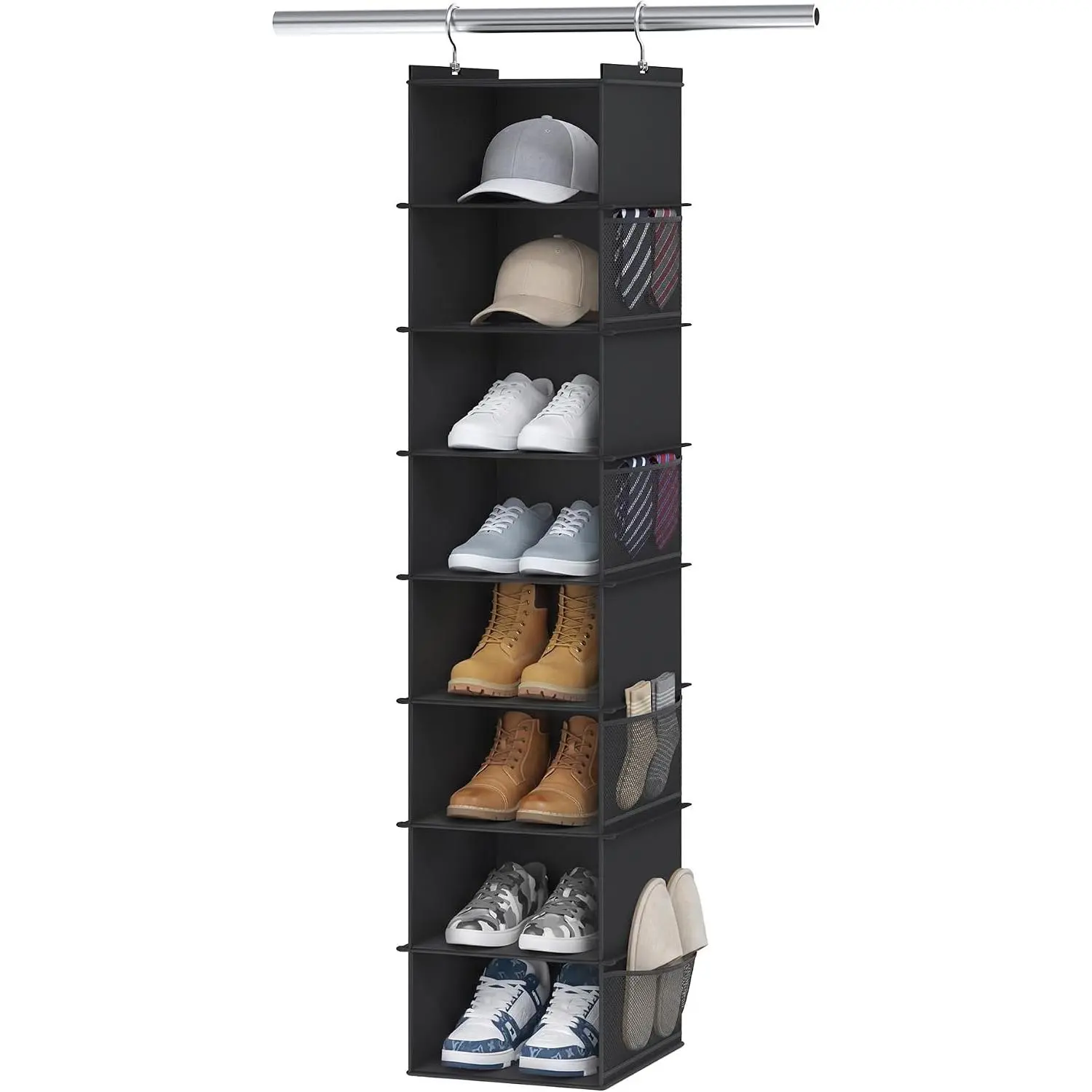Upgraded  Shoe Organizer for Closet, 8-Shelf, Black | Extra Wide Design, 8 Side Pockets,  Shoe Rack Hanger, Dorm Storage,  for Storing Shoes, Hats, Clothes, Jeans