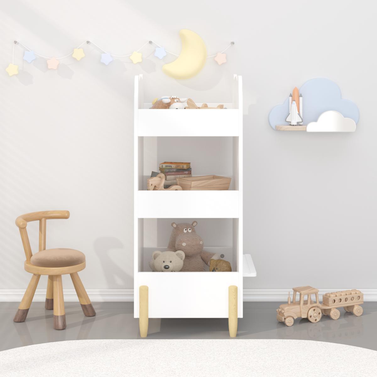 Kids Bookshelf with Chalkboard Side – Bear-Shaped Wooden Bookcase with 3-Tier Storage, Drawing Board for Toddlers, Toy and Book Organizer for Playroom or Bedroom – White