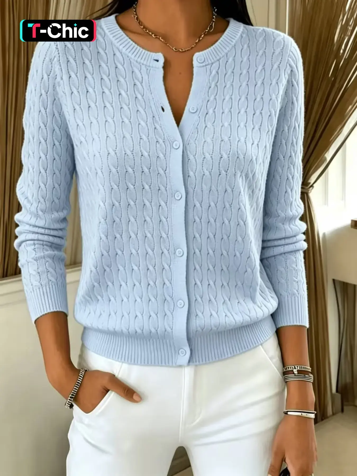 Women's Simple Round Neck Knitted Cardigan, Front Button Design, Slim Fit Elegant Fall Winter Sweater Coat, Suitable for Daily Commute, Autumn Outing, Picnic