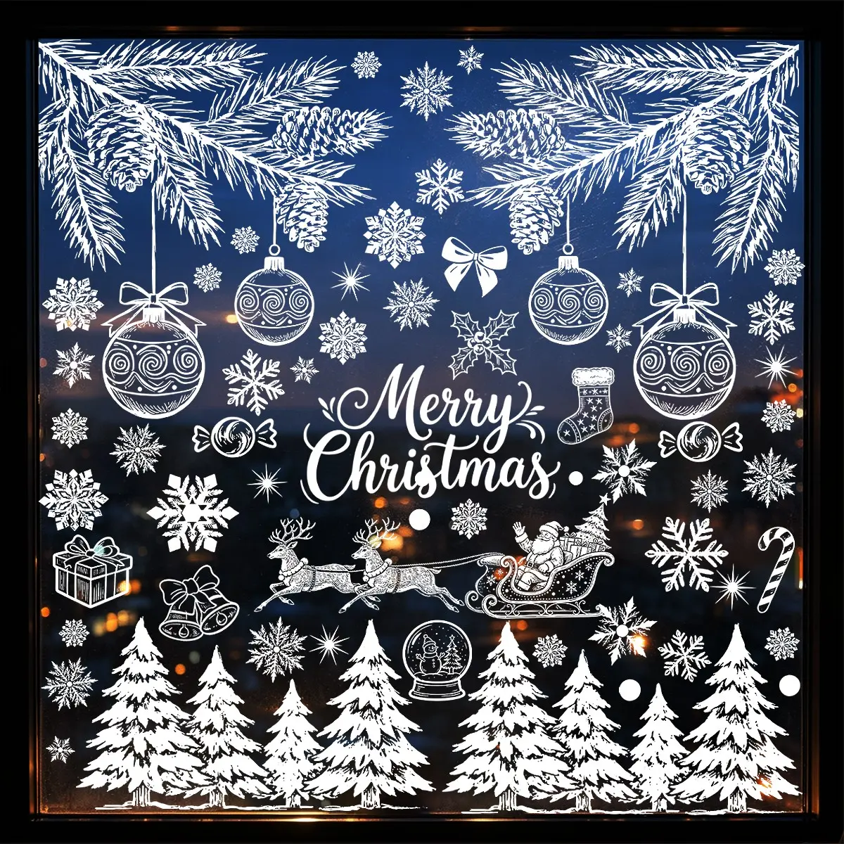 White pine needle hanging ball Christmas window sticker, 109pcs/9sheets  Santa Tree Snowflake Snowman Sock Gift Elements window decal, , Holiday Party Glass Display Decorations static cling sticker