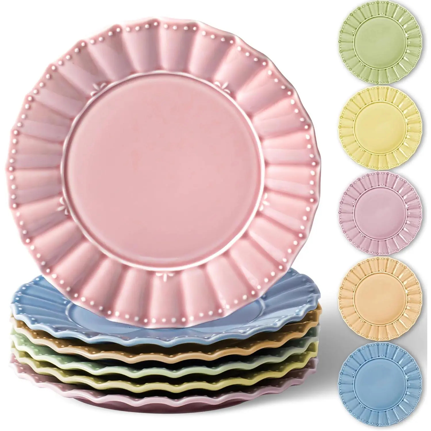 Dessert Plates 8 Inches Set for 6 Ceramic Serving Plates,plates for Cake Waffles, Snacks, Pasta, Noodle,Dinner, Microwave & Dishwasher Safe, Wavy Style (Mixed Colors),Colorful