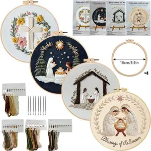 European Style Christmas Embroidery Kit, DIY Stitching Materials Set with English Stitch Guide, Needle Crafts Kit for Holiday Home Decoration Handmade Needlework Craft