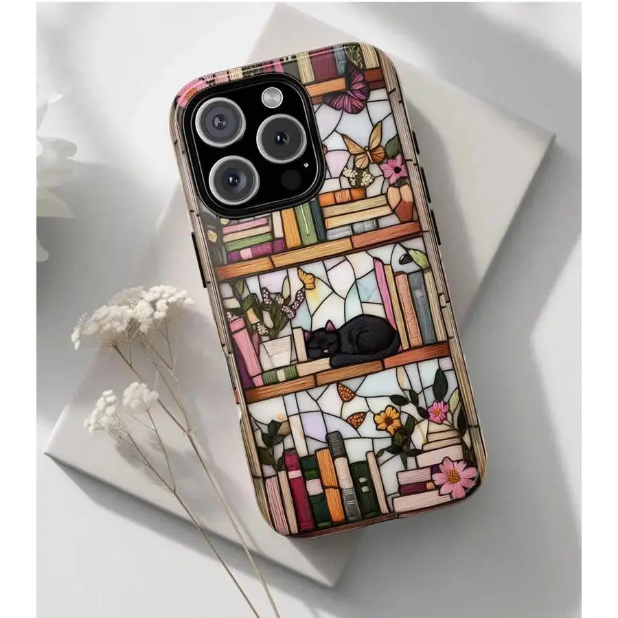 Literary Gift, Cat Phone Case, books phone case, Bookcase 3D Case, Case for Phone 16 15 14 13 Pro Max Protection Protective