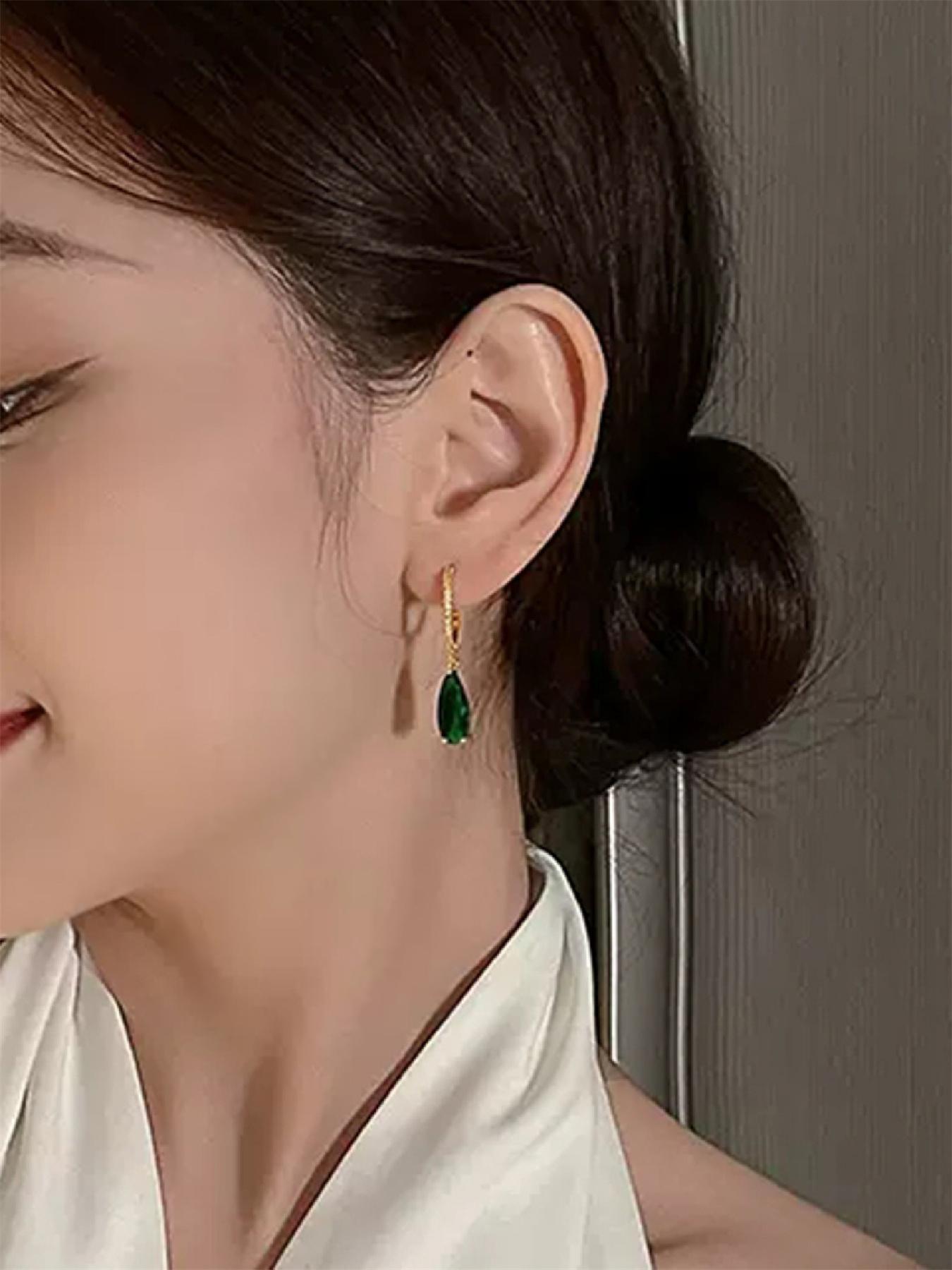 1 Pair Artificial Gemstone & Rhinestone Decor Dangle Hoop Earrings, Elegant Fashion Jewelry For Party, Daily Clothing Decor For Girl, Ladies Anniversary Birthday Jewellery Gift, Classic Style Earrings