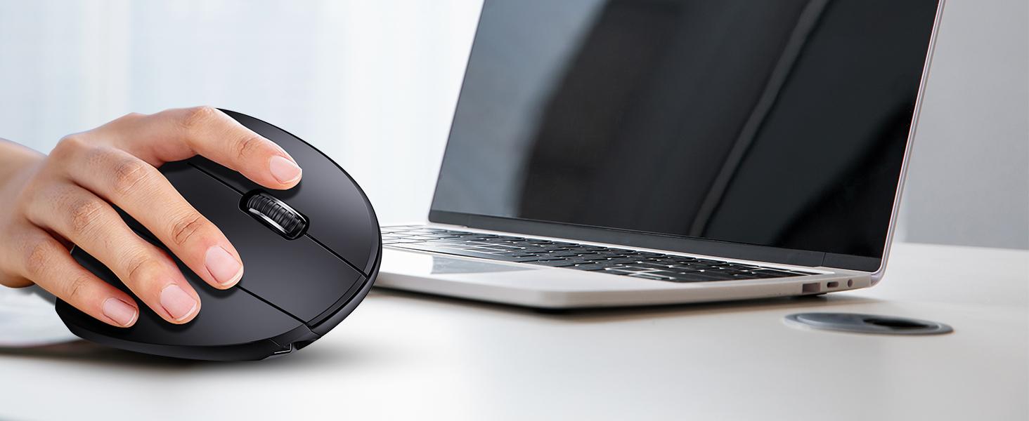 Bluetooth and 2.4G (2-in-1) Rechargeable Wireless Mouse, Ergonomic Vertical Design, 1000/1200/1600 DPI, 6 Silent Buttons, for Laptop, Computer, PC, MacBook, Chromebook-Black