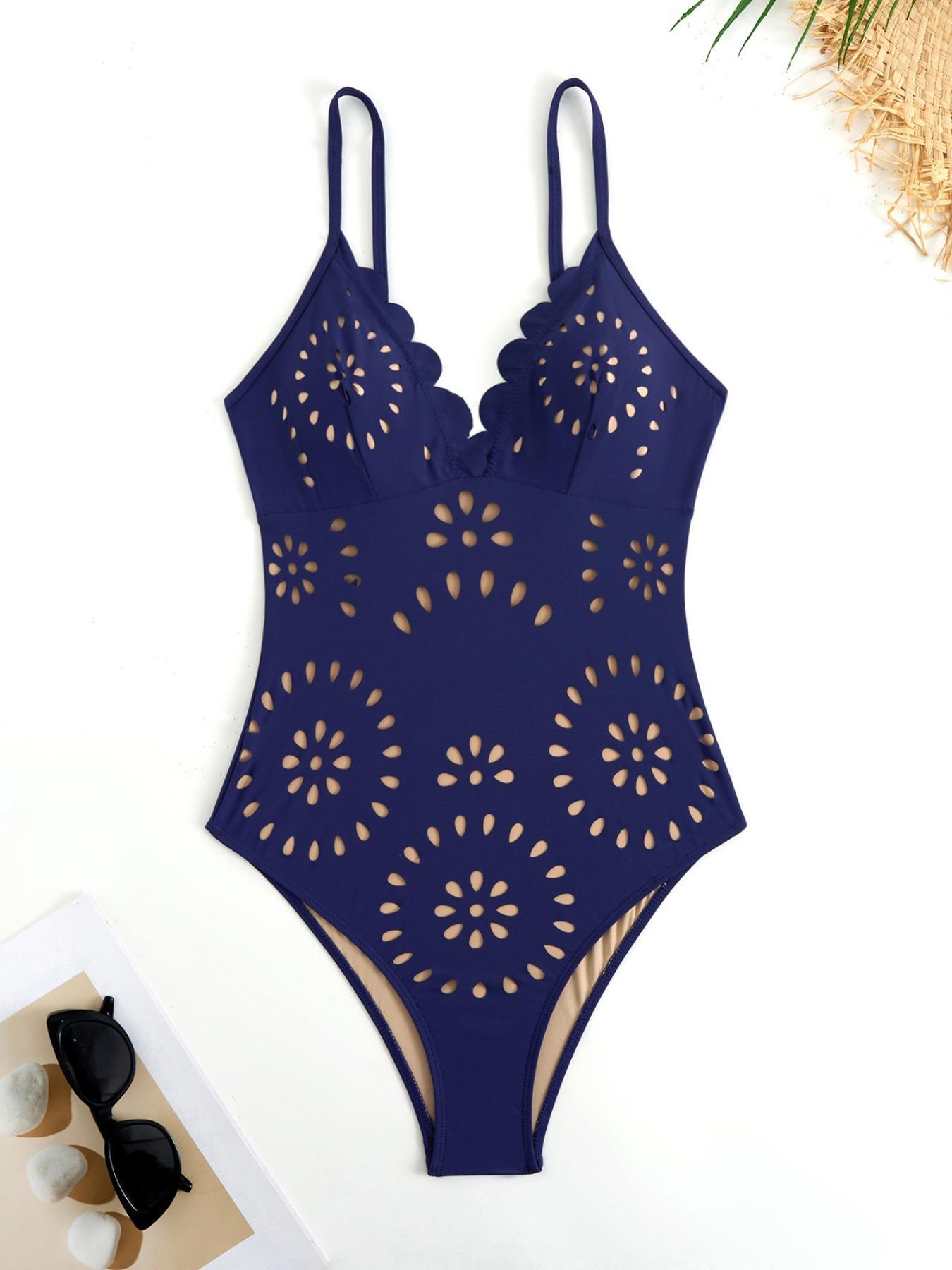 Women's Sexy Laser Cut Hollow Lace One-Piece Swimsuit Set, Slimming Beach Vacation Two-Piece Swimwear with Skirt, Casual Fitted Design