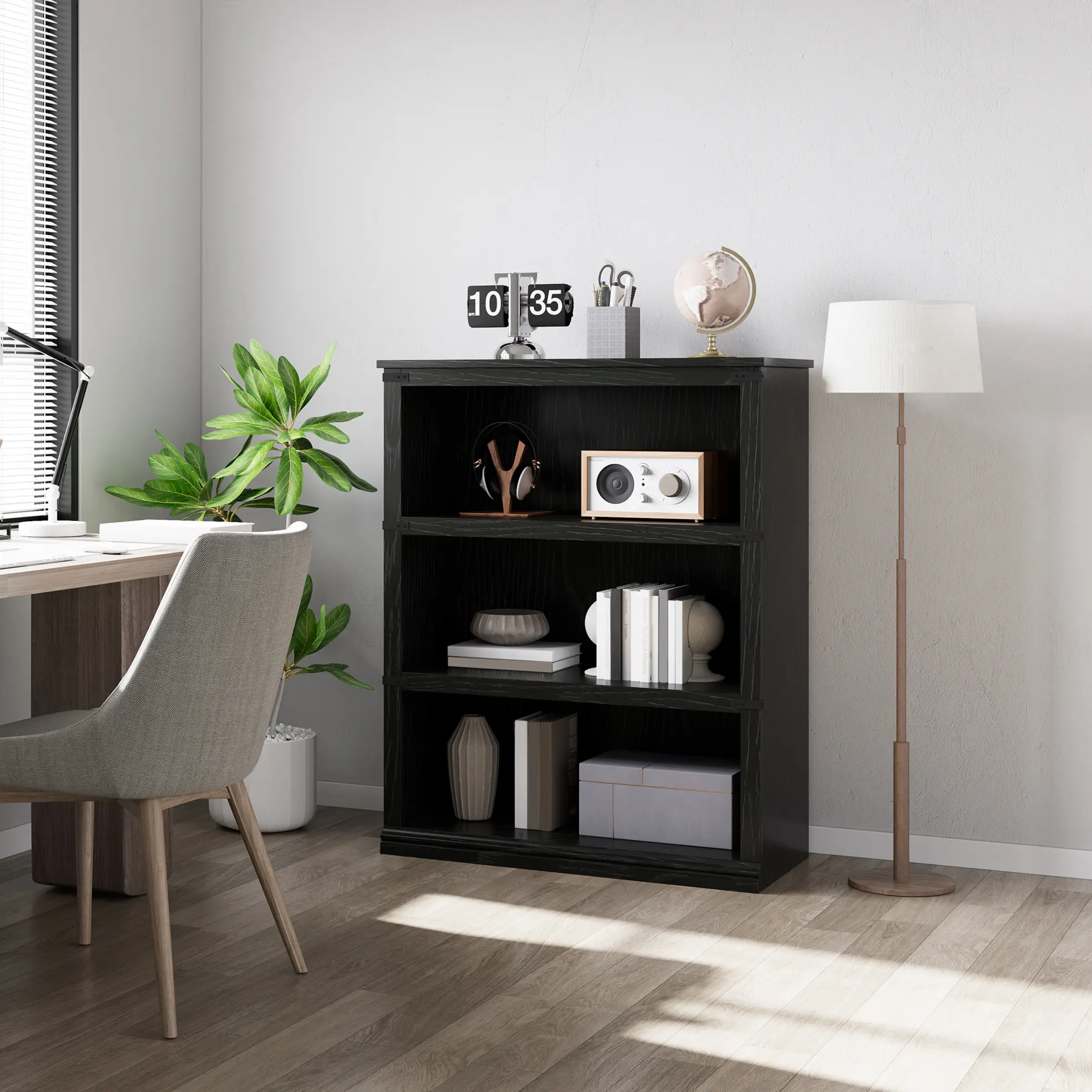 3 Tier Bookcase, Tall Open Bookshelf with Large Storage, Rustic 3 Shelf Book Case for Living Room Bedroom Home Office(Black, 39.9" H x 31.4" W x 12.2" D)