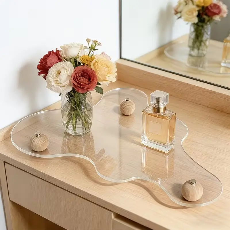 Transparent Acrylic Bathroom Vanity Tray, Geometric Pattern Storage Dish, Modern Luxury Home Decor, Practical Shelf for Cosmetics and Jewelry