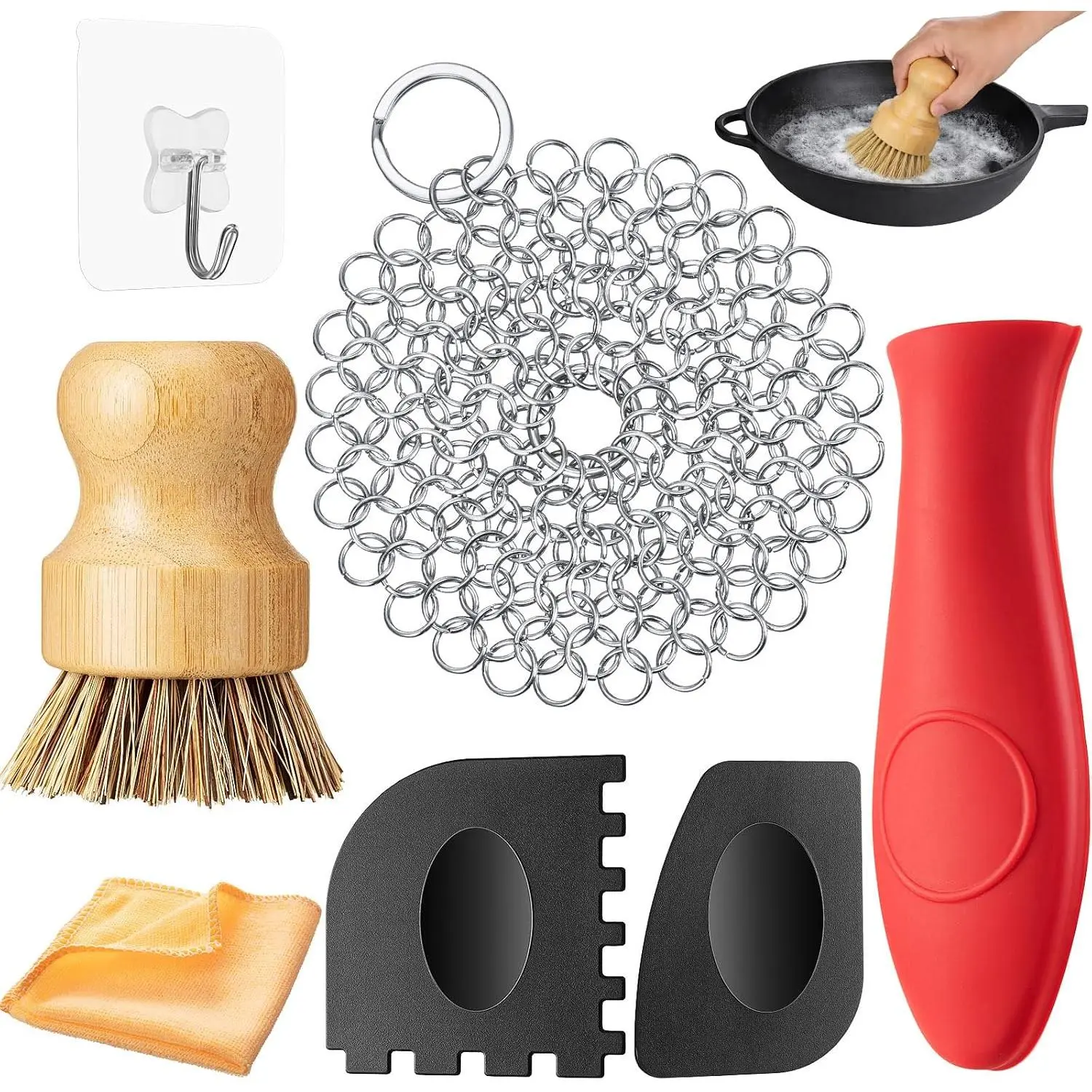 7 count Cast Iron Cleaner Set Include Stainless Steel Chainmail  with  Dish Scrub Brush Hot Handle Holder 2 Pan Grill Scrapers Kitchen Towel Wall Hook (Bright Color)
