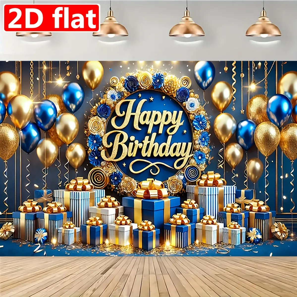 Happy Birthday Golden Text & Blue Balloons Backdrop, Celebration Party Banner Wall Decor, Photography Prop for Anniversaries & Youth Events