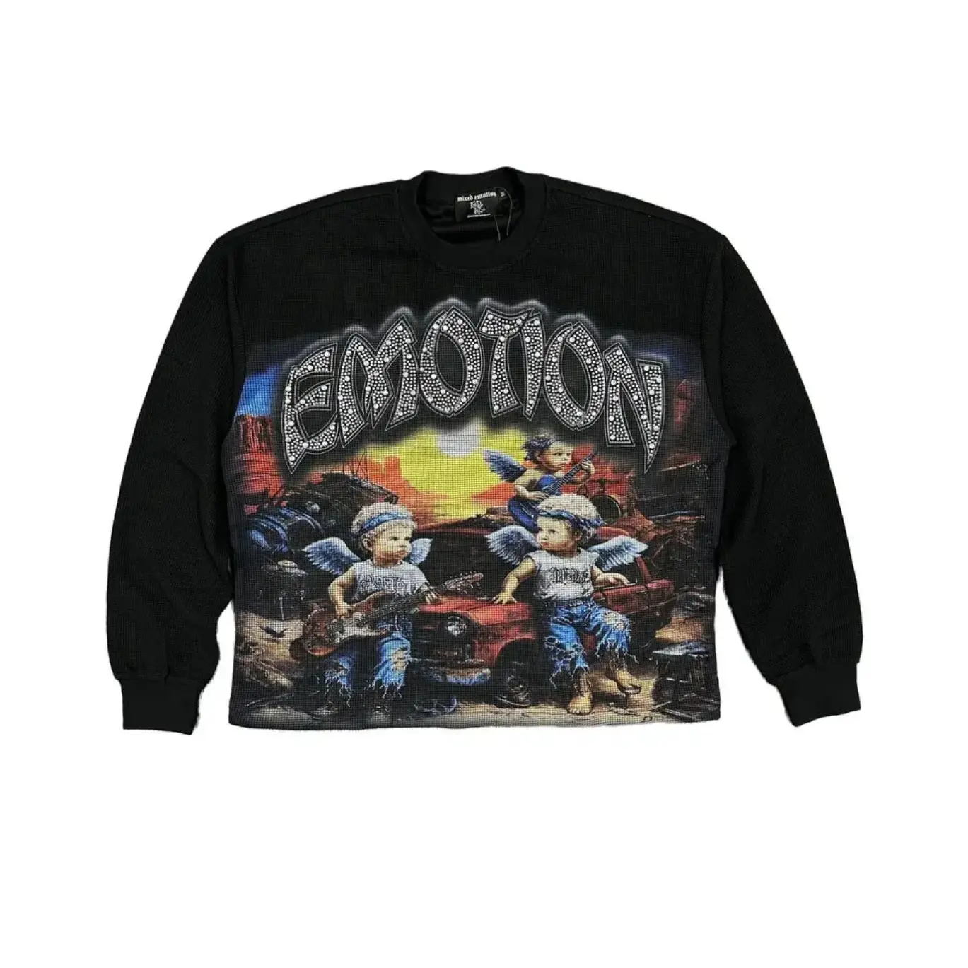 MIXED EMOTION Mens Rocker Angel Cherub Graphic Long Sleeve T Shirt Heavy Rhinestone Emotion Y2K Grunge Streetwear Hip Hop Unisex Oversized Textured Crewneck Top