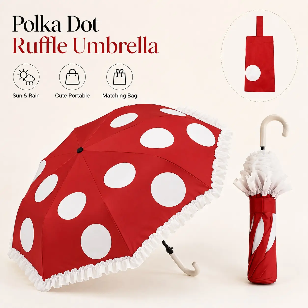 Cute Polka Dot Umbrella for Women, Rain & Sun Protection, Folding Portable, Stylish Ruffle Edge, Gift Idea, Travel Anti UV, Wind Resistant
