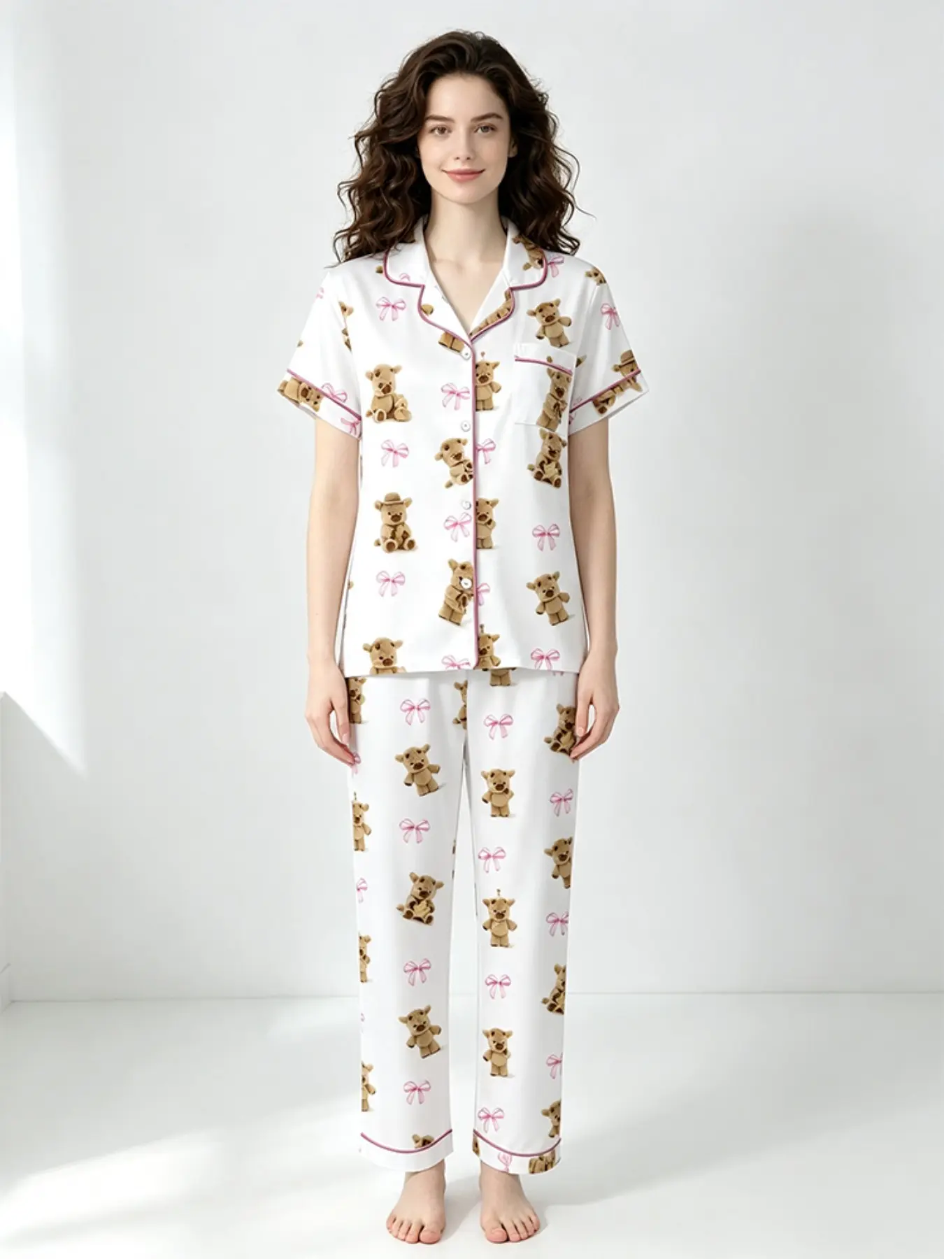 Western Cowboy Style Full Print Women's Short Sleeve Pajama Set, Summer New Home Wear Loungewear Two-Piece Set, Collar Button Cardigan & Long Pants Combo