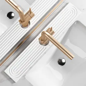 Stone Faucet Mat for Kitchen Sink - Quick Dry Diatomite Sink Splash Guard, Prevents Moisture Buildup & Water Stains, Water Absorbing Stone Tray for Bathroom Countertop (White, 23.6" x 4")