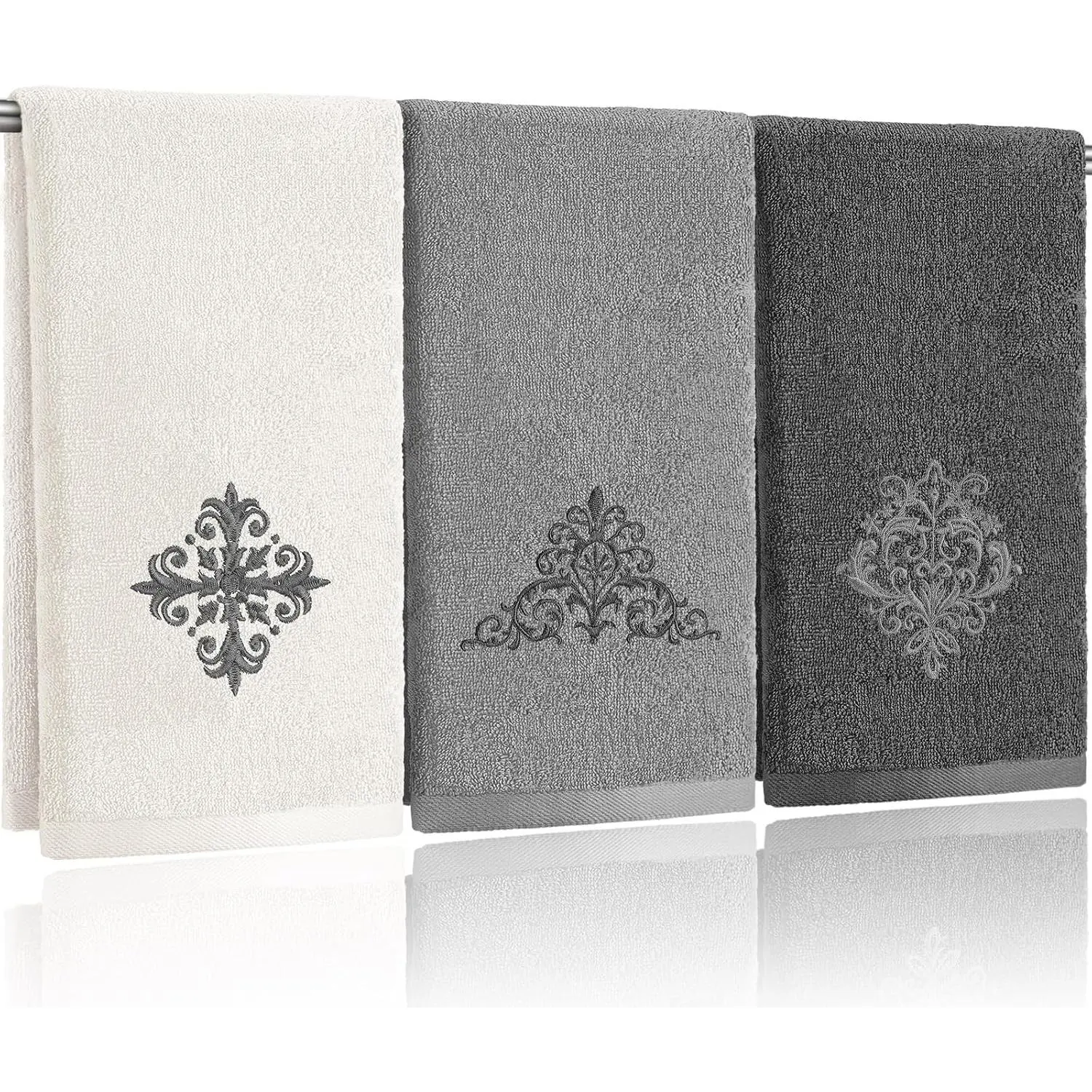 3 count Decorative Monogrammed Gray Hand Towels for Bathroom Kitchen 13.3 x 29.5''  Damascus Luxury Embroidered   Towels Art Decor for Bathroom Kitchen