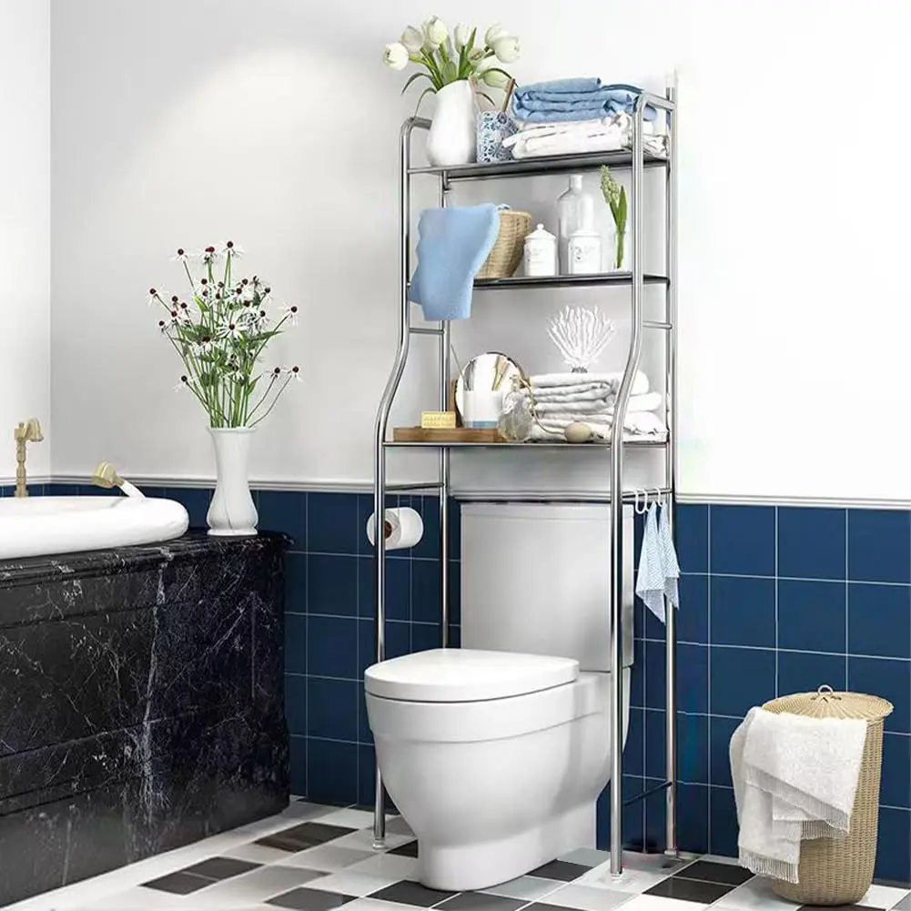 3-Tier Over Toilet Storage Rack – Stainless Steel Bathroom Organizer with Towel Hooks & Toilet Paper Holder – Freestanding Shelf for Bathroom, Restroom, Laundry