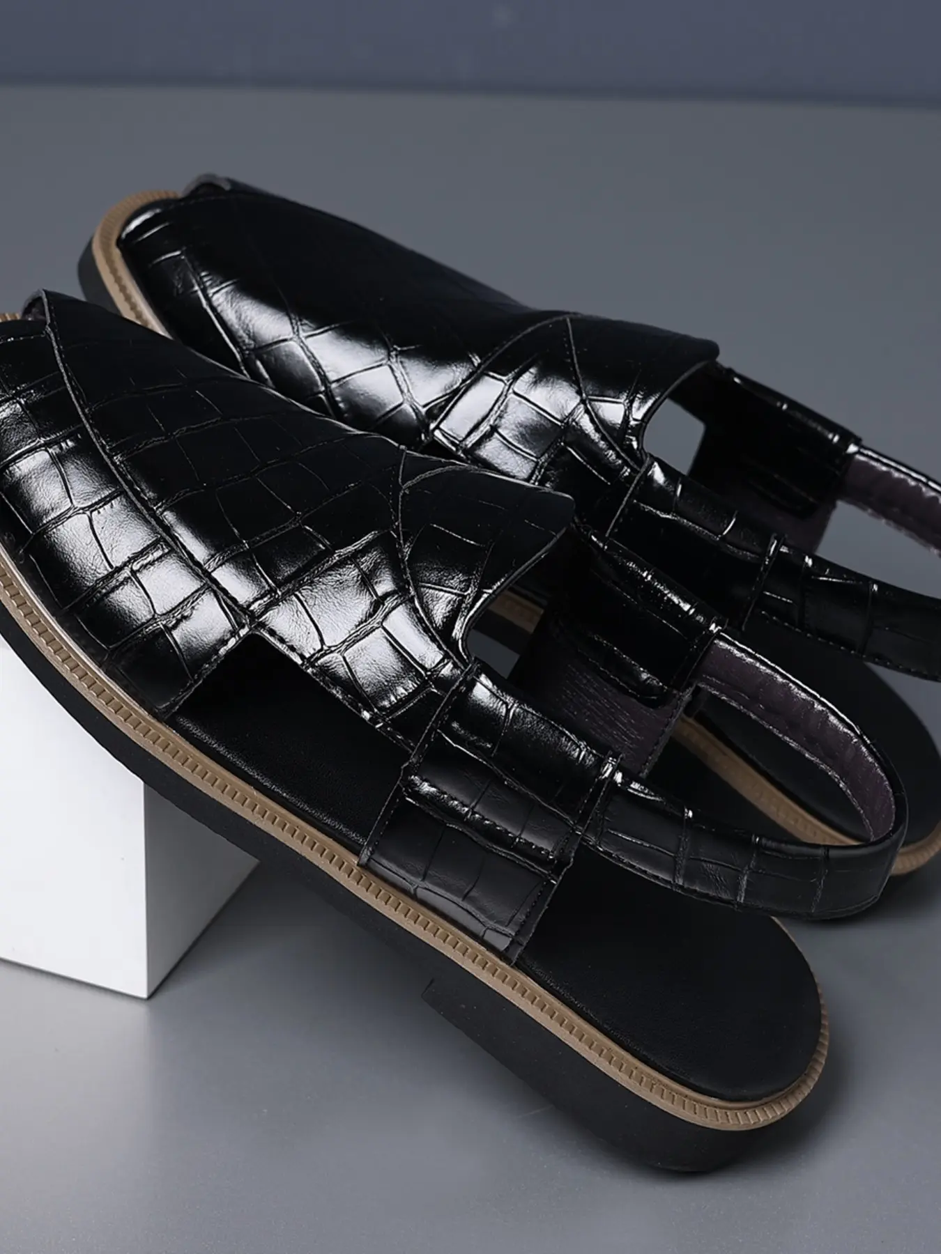 Caramel Crocodile Pattern Roman Sandals, Men's Business Casual Footwear, Back Strap + Embossed Upper, All Seasons Comfort