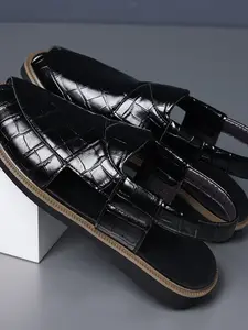 Caramel Crocodile Pattern Roman Sandals, Men's Business Casual Footwear, Back Strap + Embossed Upper, All Seasons Comfort