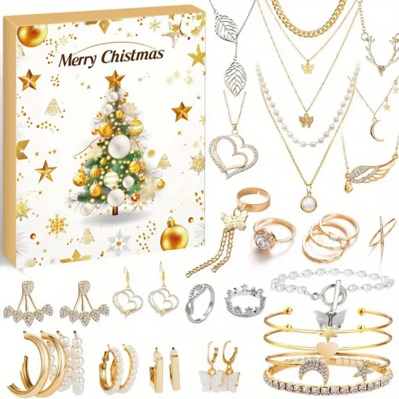 Christmas Countdown Jewelry Box, Includes Earrings, Necklace, Bracelet, Decorations, Perfect New Year Gift, Ideal for Friends and Family